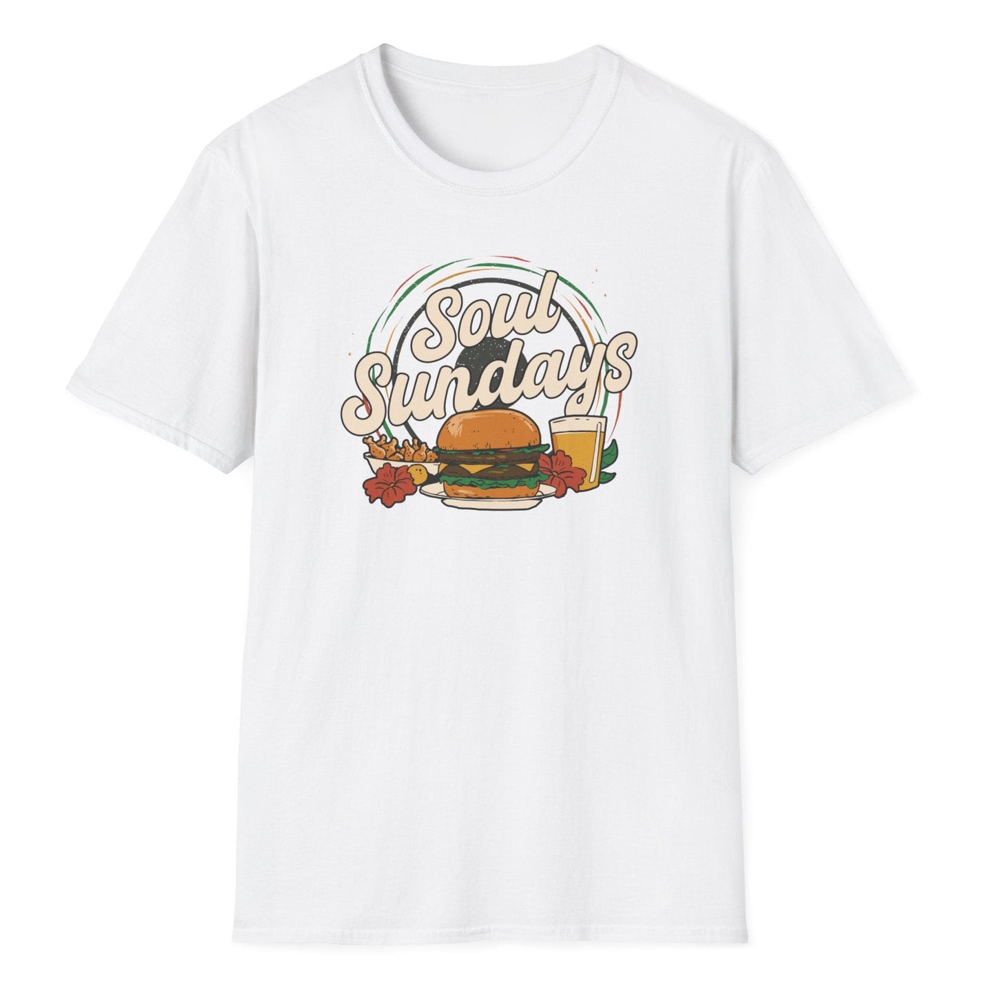 Soul Sundays script with multi-layered burger, golden potato fries, draft beer glass, decorative rainbow and flower elements.