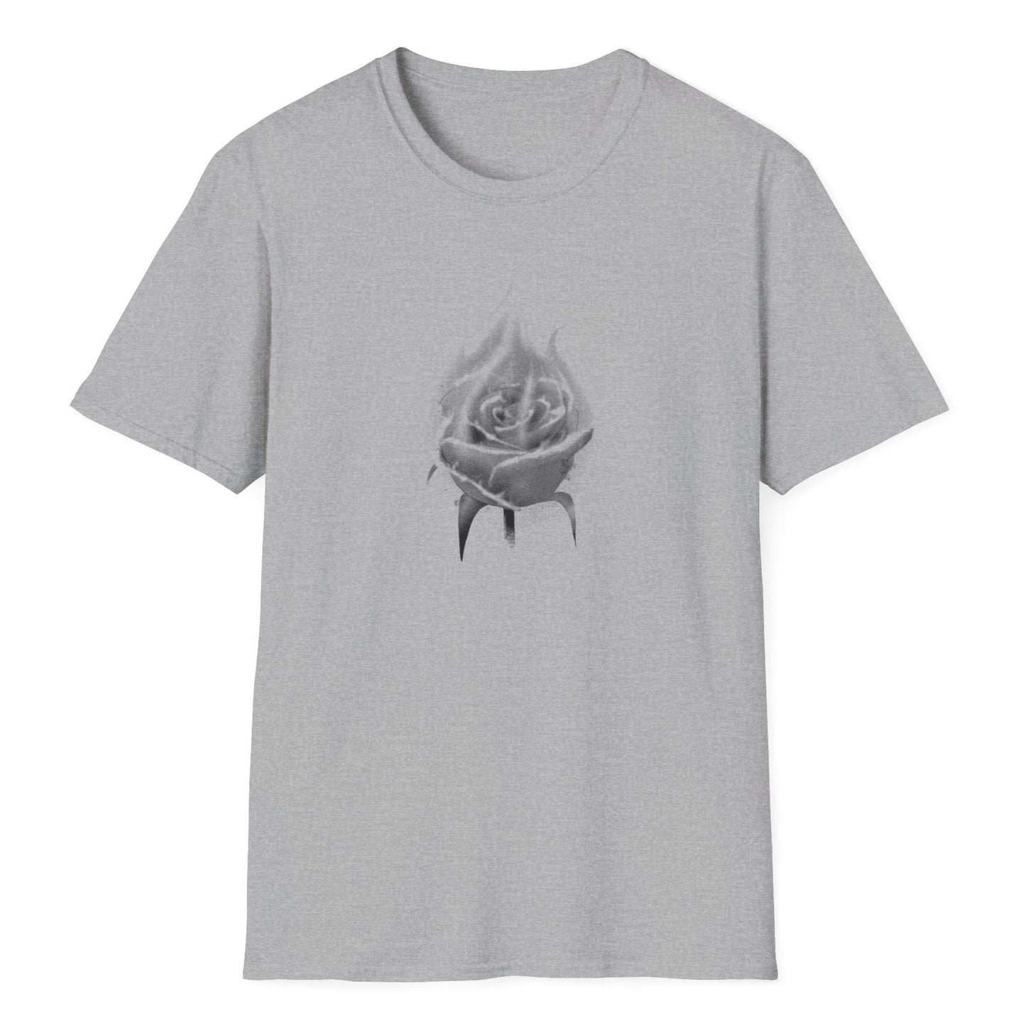 Artistic burning rose design featuring detailed grayscale petals with urban street art spray aesthetic on the gray t-shirt.