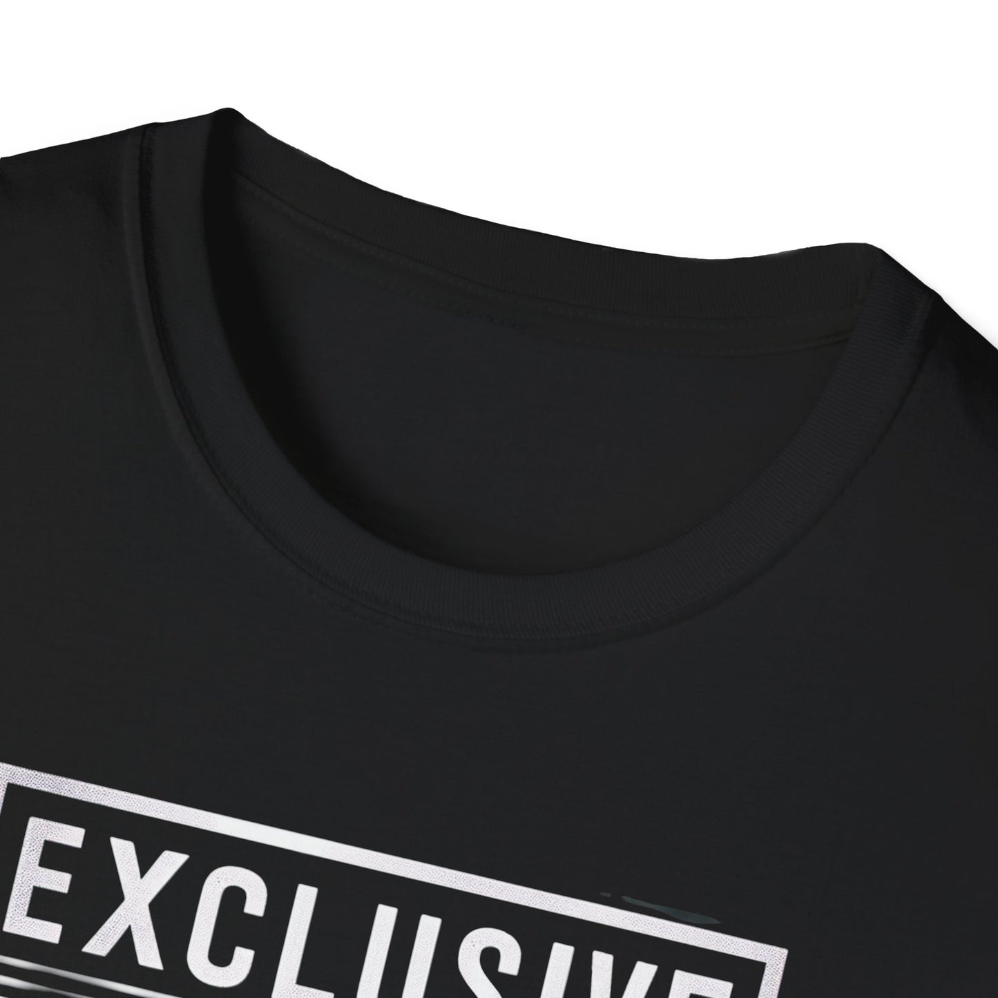 Close-up of a black Gildan 64000 t-shirt showing an exclusive white typography design with quality and soft fabric texture