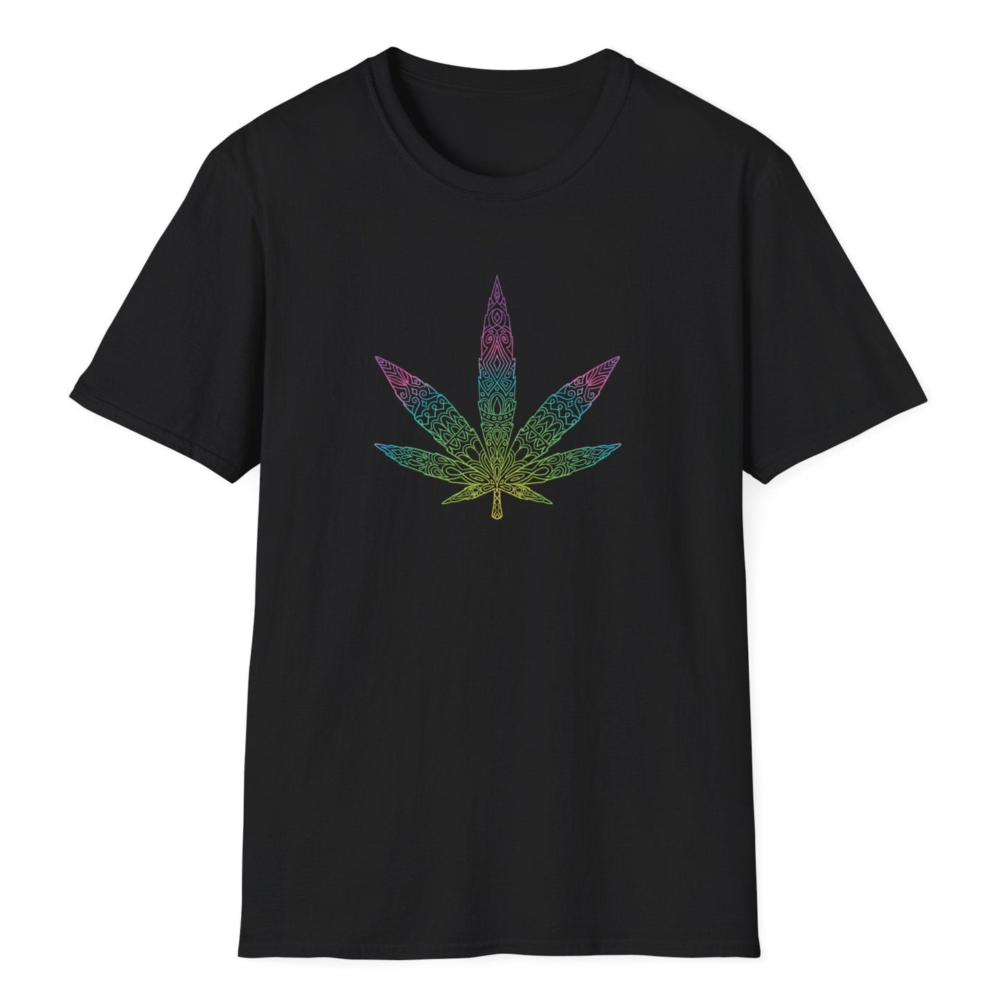 Vibrant rainbow cannabis leaf featuring detailed sacred geometry design with flowing lines and symmetrical mandala artwork.