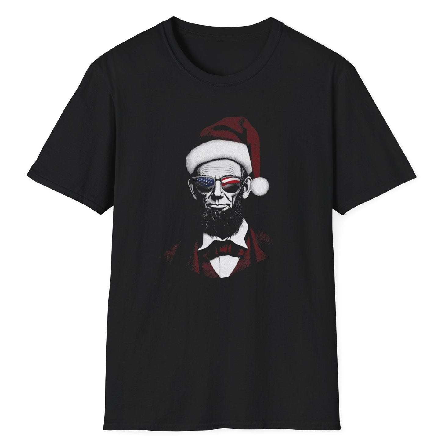 Vintage Abraham Lincoln Christmas t-shirt featuring Honest Abe in a Santa hat with a formal red bow tie and classic jacket