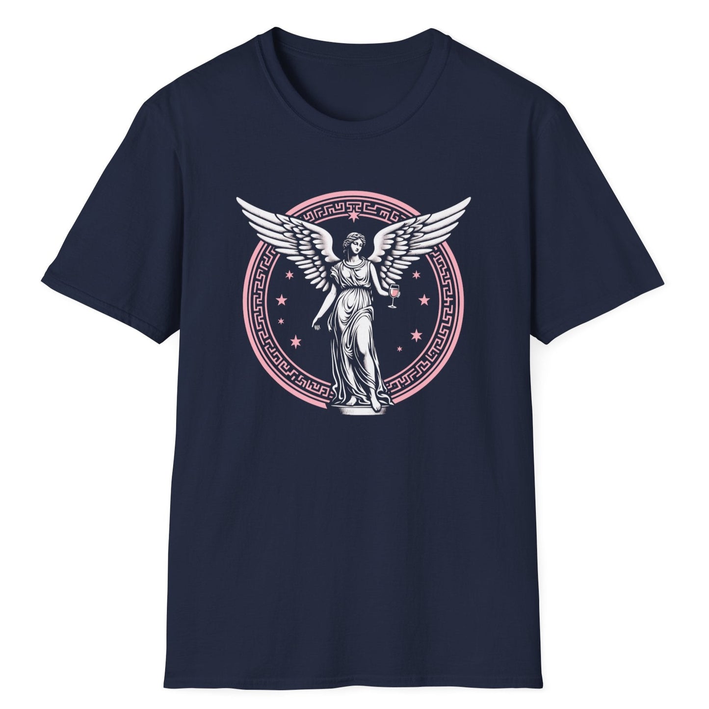 Detailed angelic figure with spread wings in decorative round emblem featuring ornamental flourishes on the navy blue t-shirt