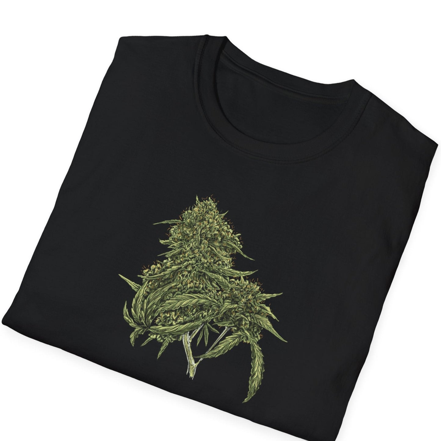 Green botanical cannabis leaf illustration with detailed veins and natural texture on a black folded unisex Gildan t-shirt