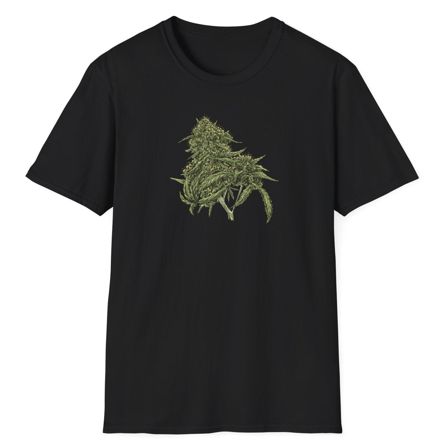 Detailed green cannabis plant design with intricate line work and organic leaf structure on a black t-shirt by Vice and Tees