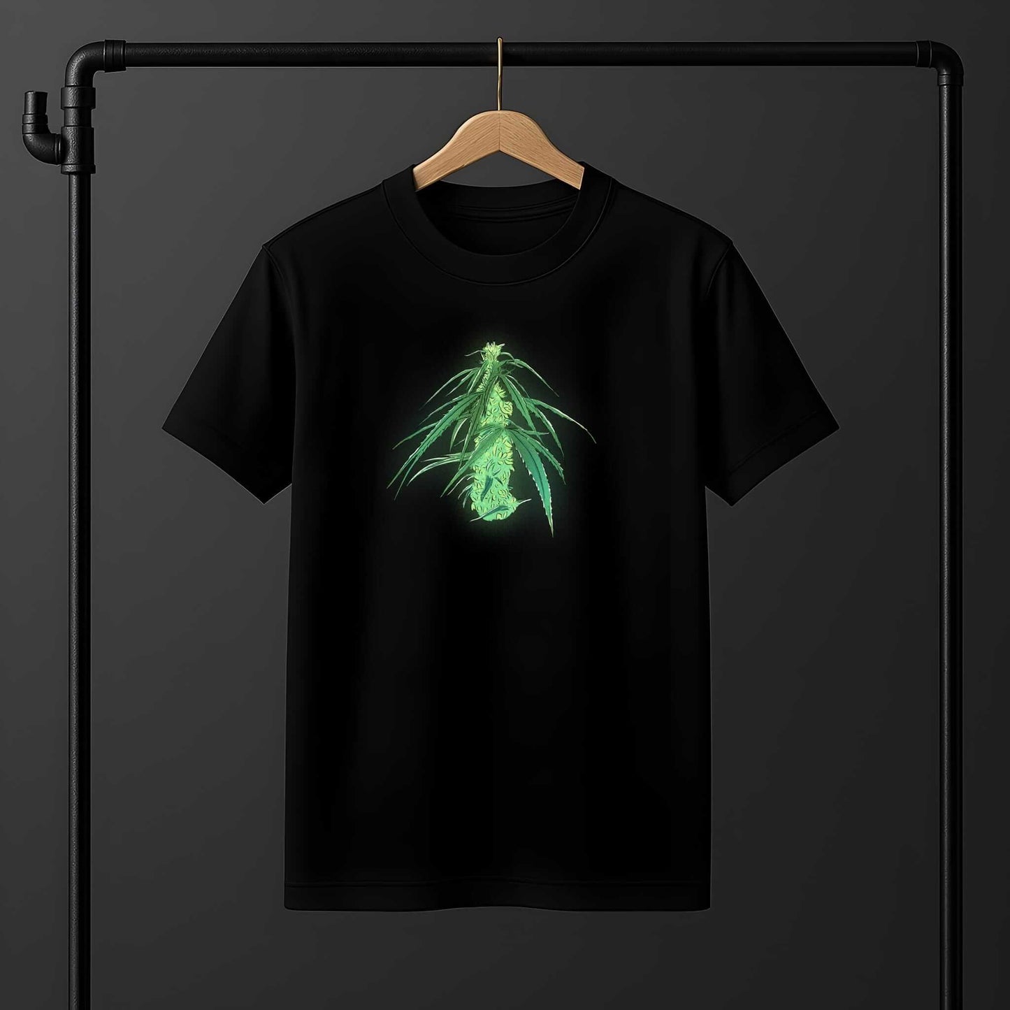 Vintage-style cannabis leaf artwork in emerald and lime green tones with hand-drawn aesthetic and ethereal flowing design