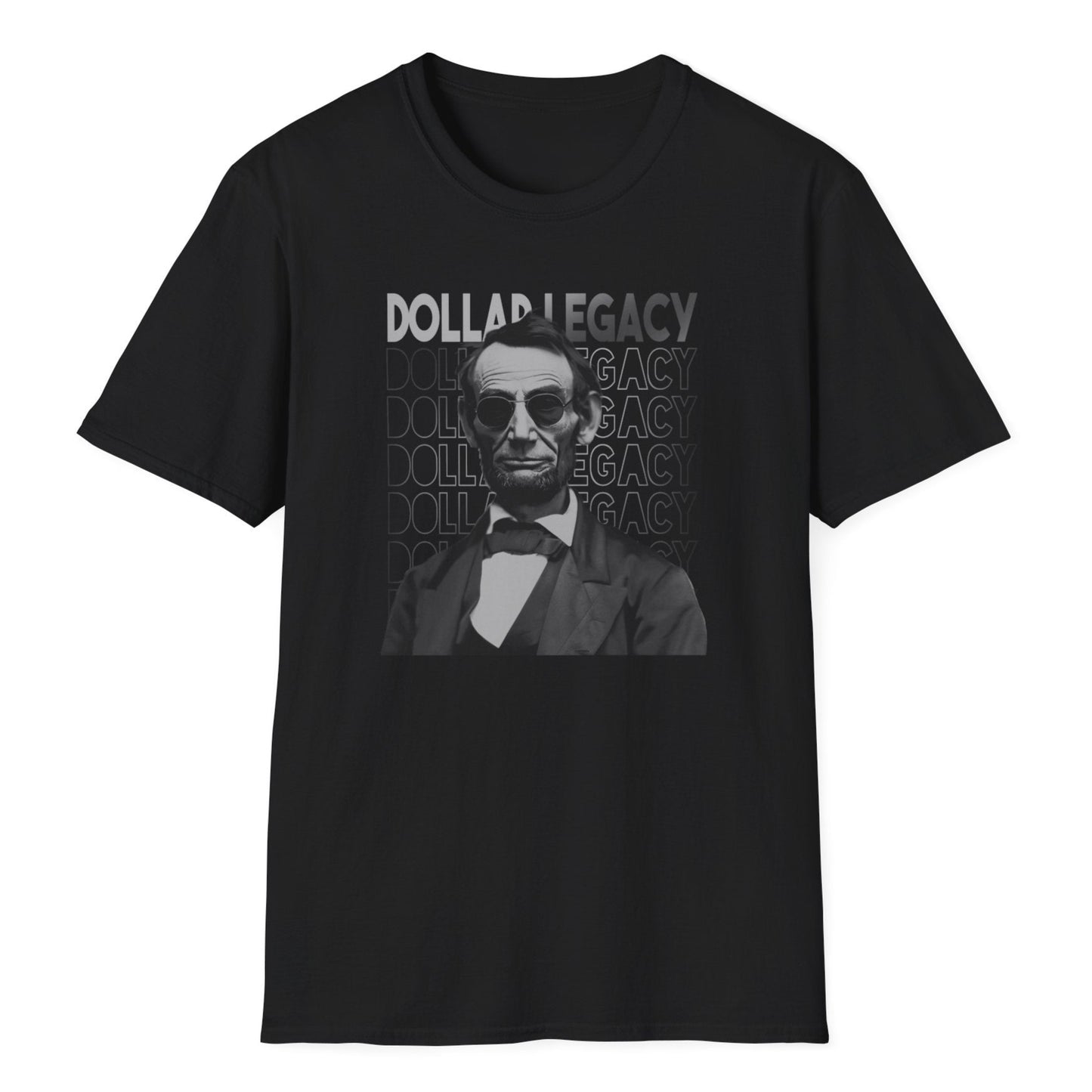 Vintage Abraham Lincoln graphic tee with cool sunglasses, formal bow tie attire, and prominent "DOLLAR LEGACY" typography