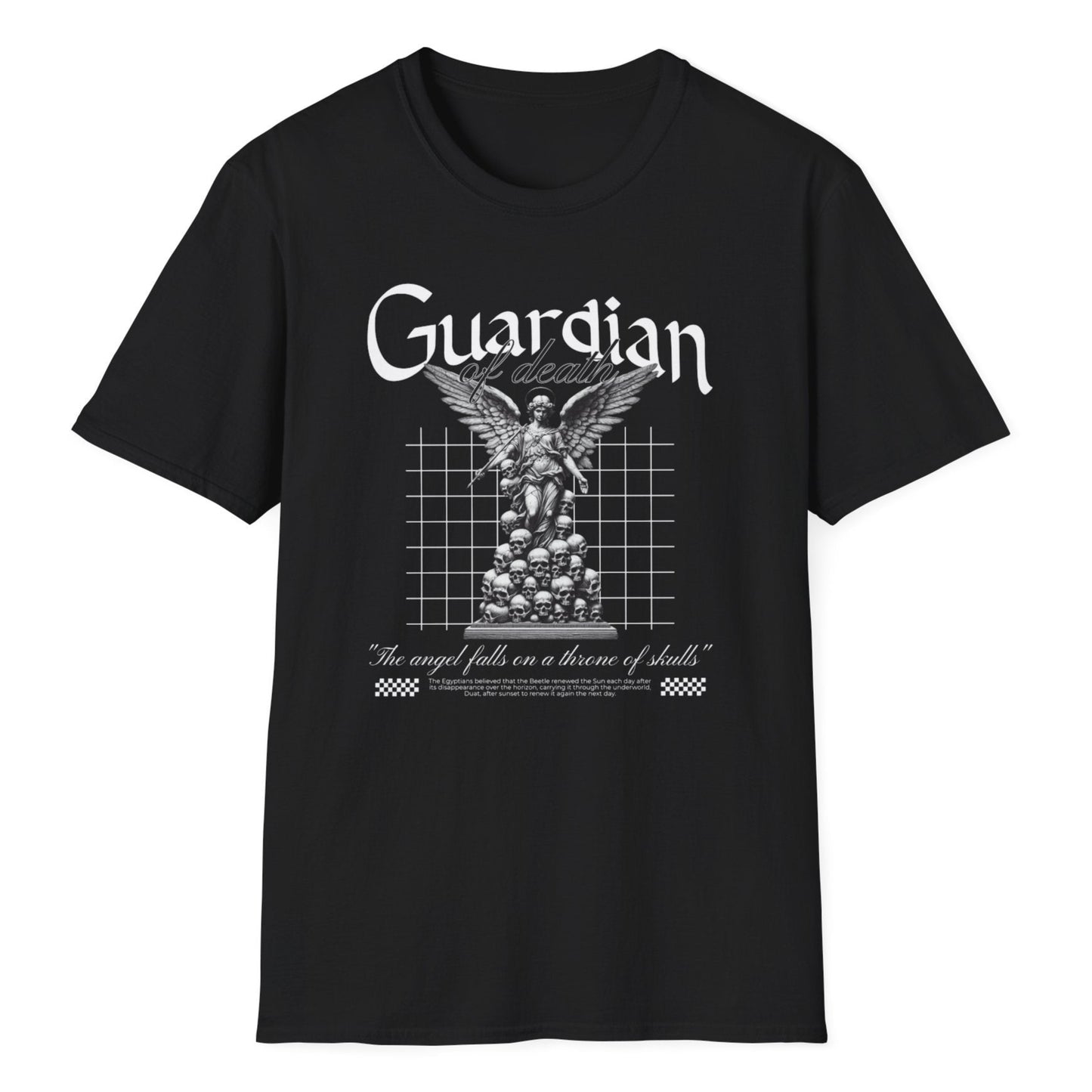 Guardian Angel graphic tee with intricate angel wings, vintage-style typography, mathematical grid and classic Gothic artwork