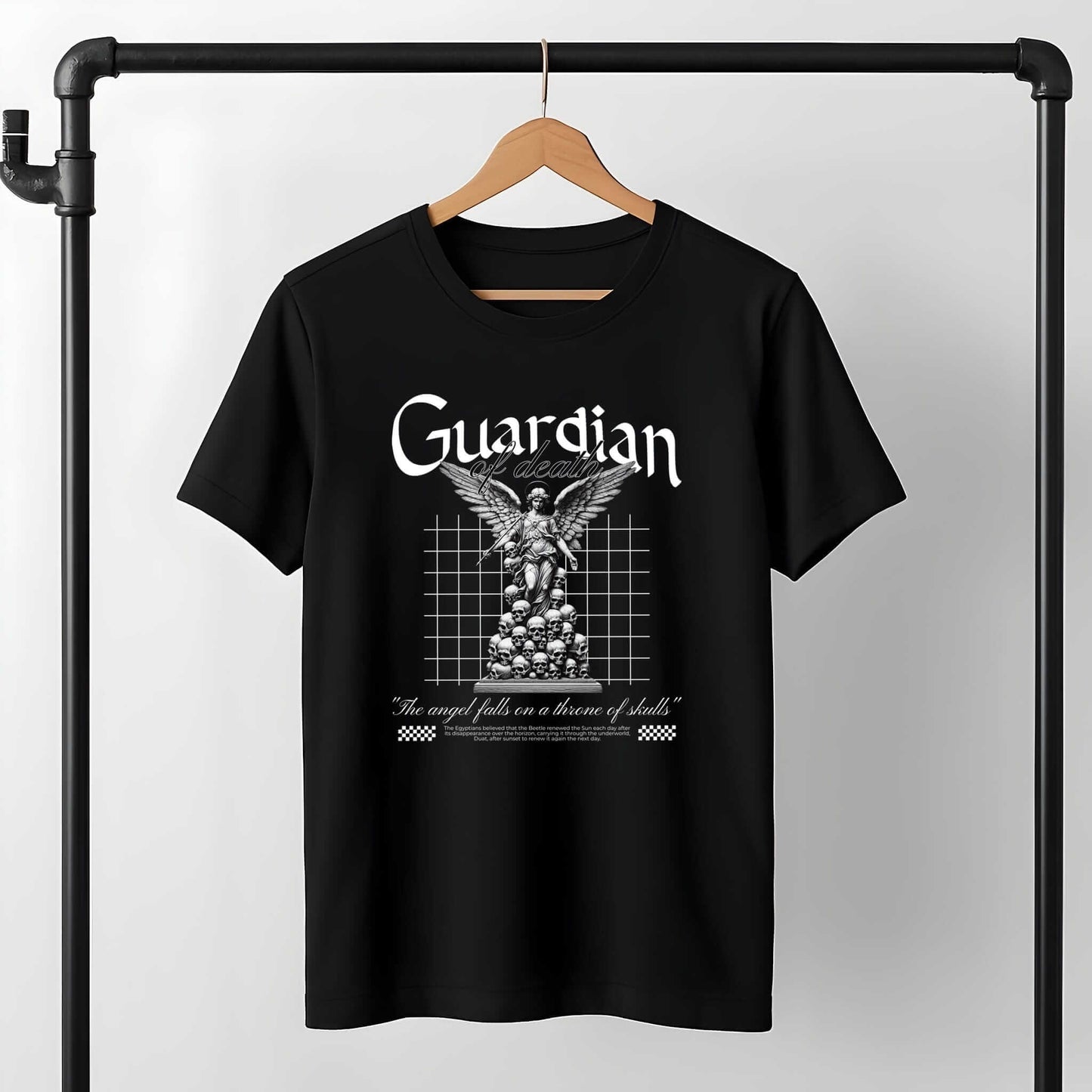 Vintage Gothic Guardian Angel design featuring detailed winged angel illustration, bold lettering, and decorative grid overlay