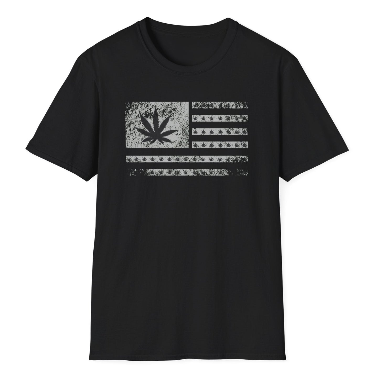 Vintage-inspired flag graphic with large cannabis leaf in corner, hemp leaves forming striped pattern, aged distressed look