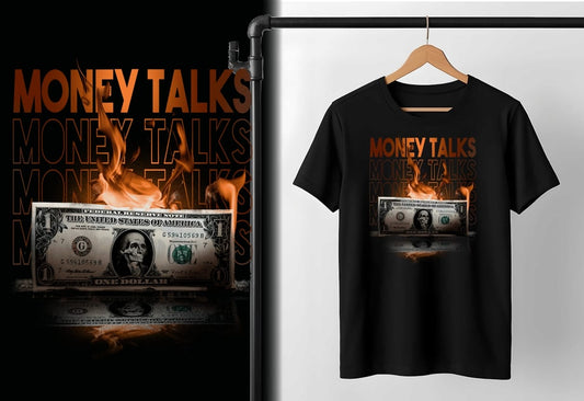 Black t-shirt featuring "Money Talks" design with dollar bill artwork hanging on wooden hanger, gray backdrop.