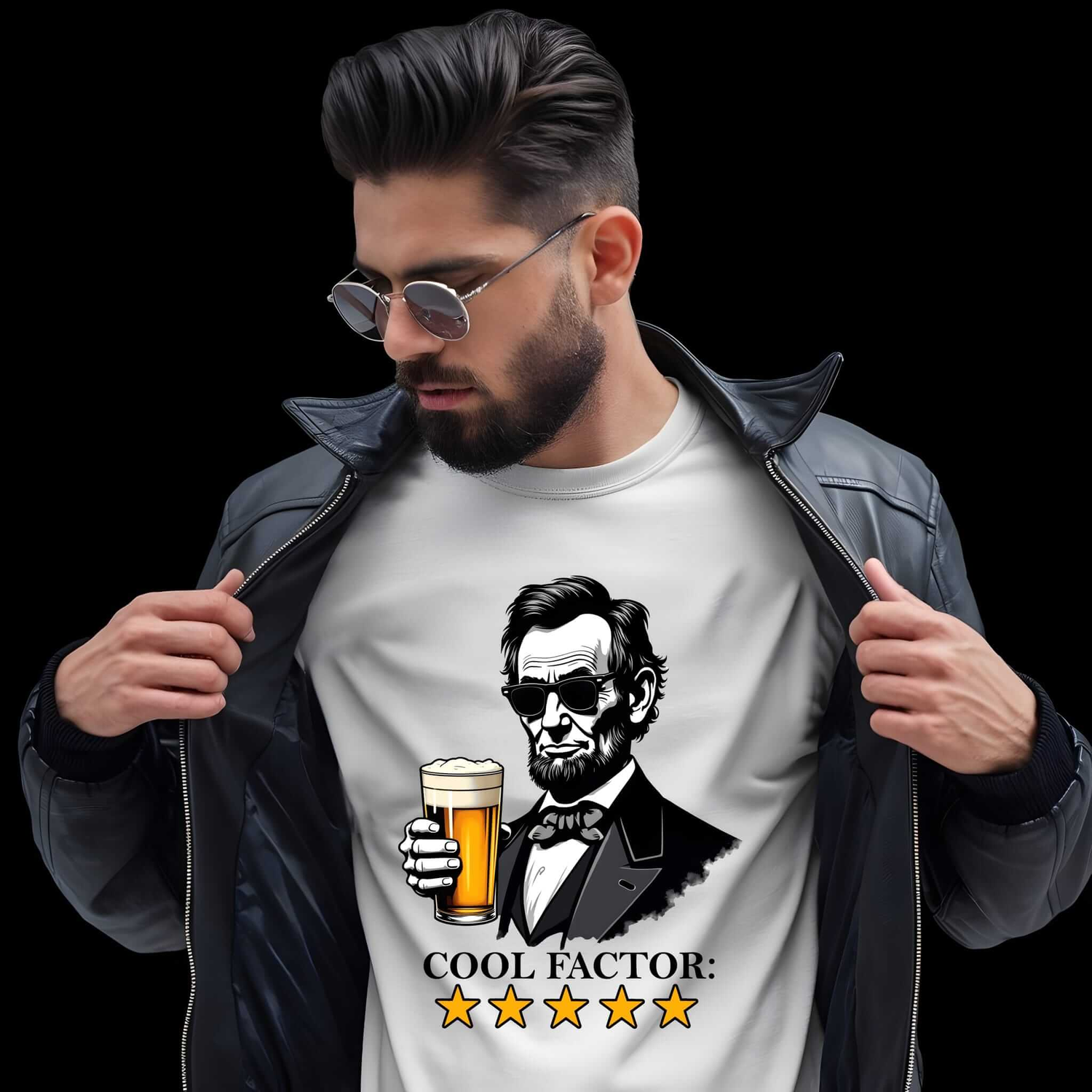 Midnight Mischief collection featuring Abraham Lincoln with sunglasses holding a beer mug, COOL FACTOR text and 5-star rating
