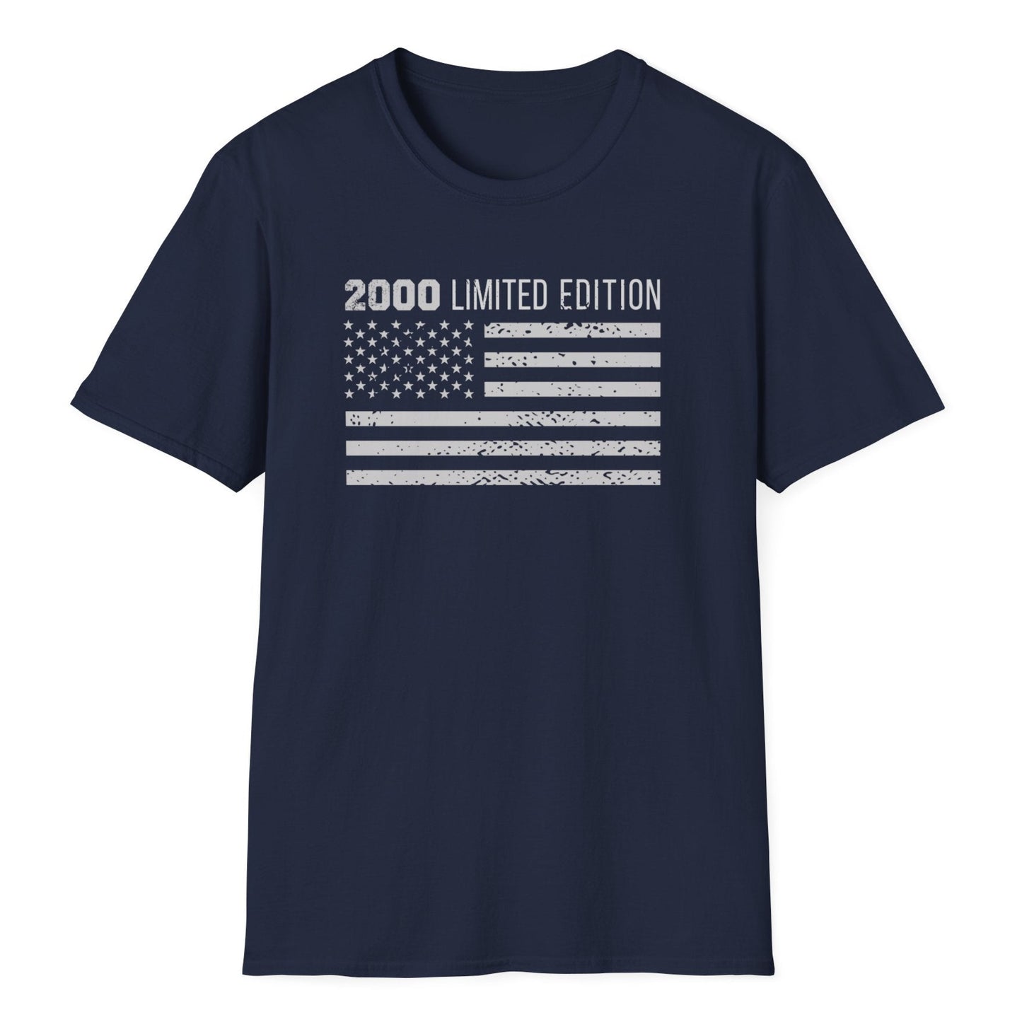 Vintage-style USA flag graphic with faded gray stripes and star field under "2000 LIMITED EDITION" on navy blue tee