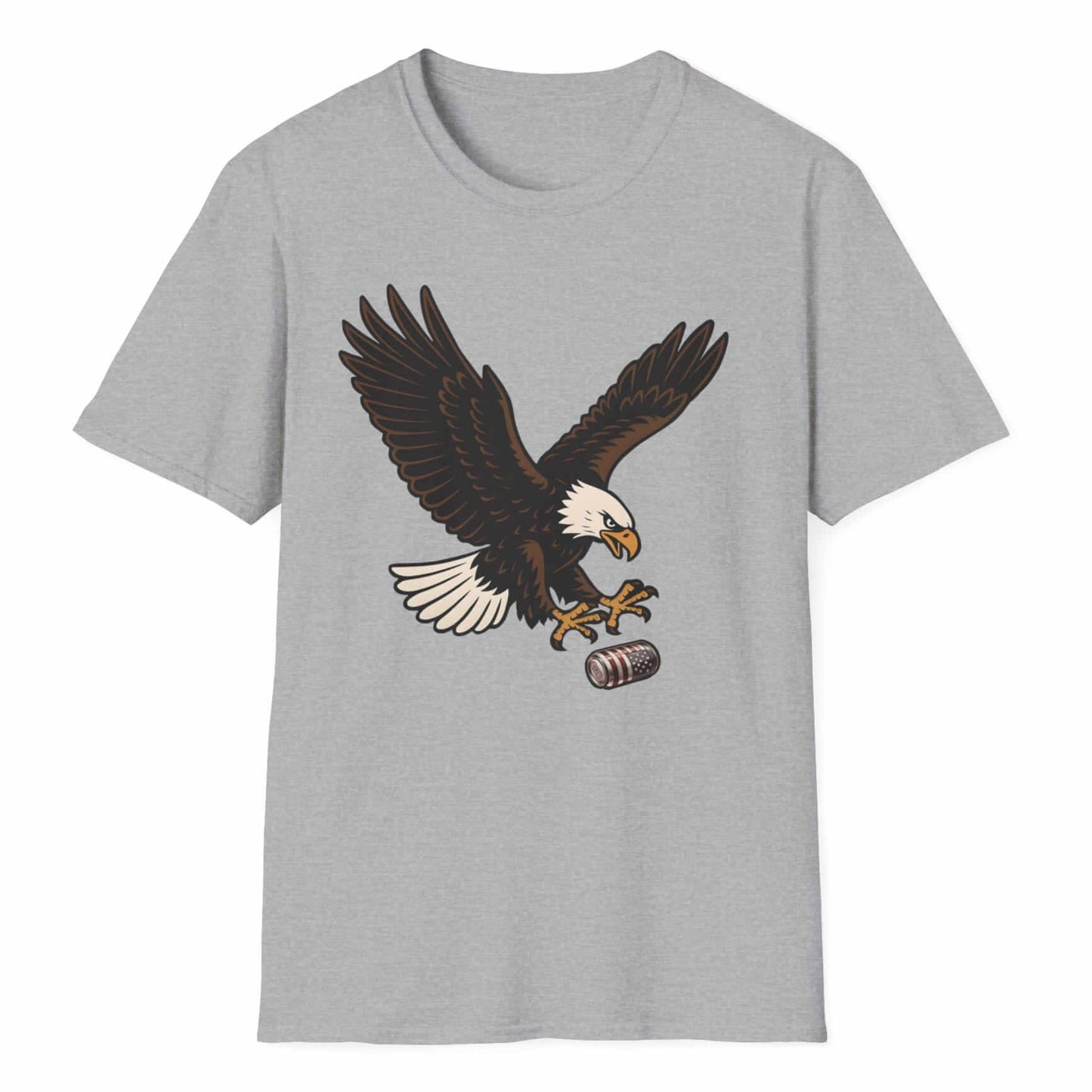 A majestic bald eagle in flight with outstretched dark wings attaches a beer can in sharp yellow claws, a gray t-shirt