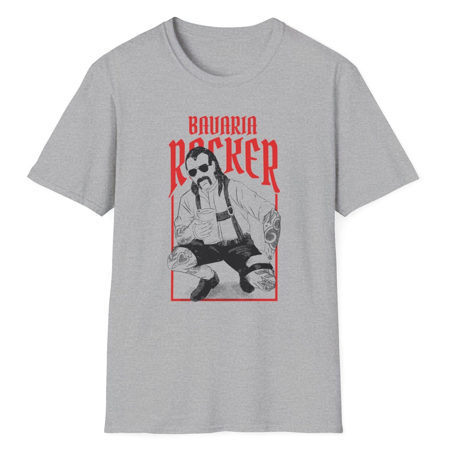 Bavaria Rocker design showing a rebel in traditional Bavarian lederhosen with striking red lettering on a gray t-shirt.