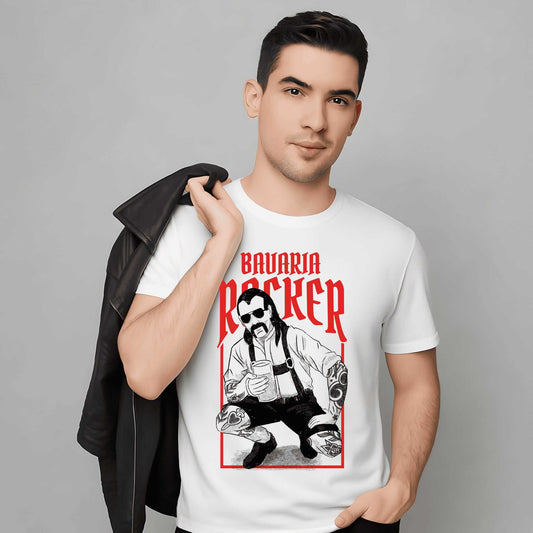 Bavaria Rocker graphic featuring leather-clad character in lederhosen with bold red text and detailed rock-inspired artwork