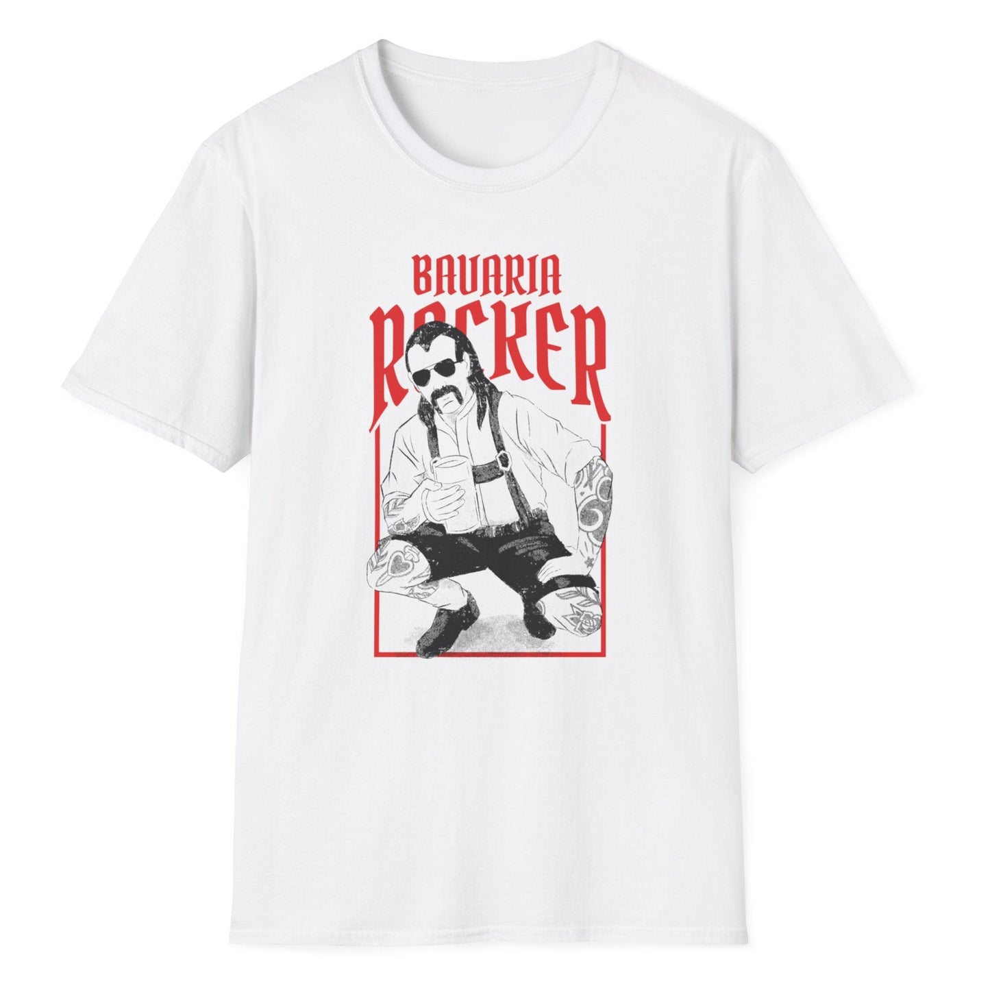 Red Bavaria Rocker text with illustrated character in leather jacket and lederhosen in dynamic pose on white tee