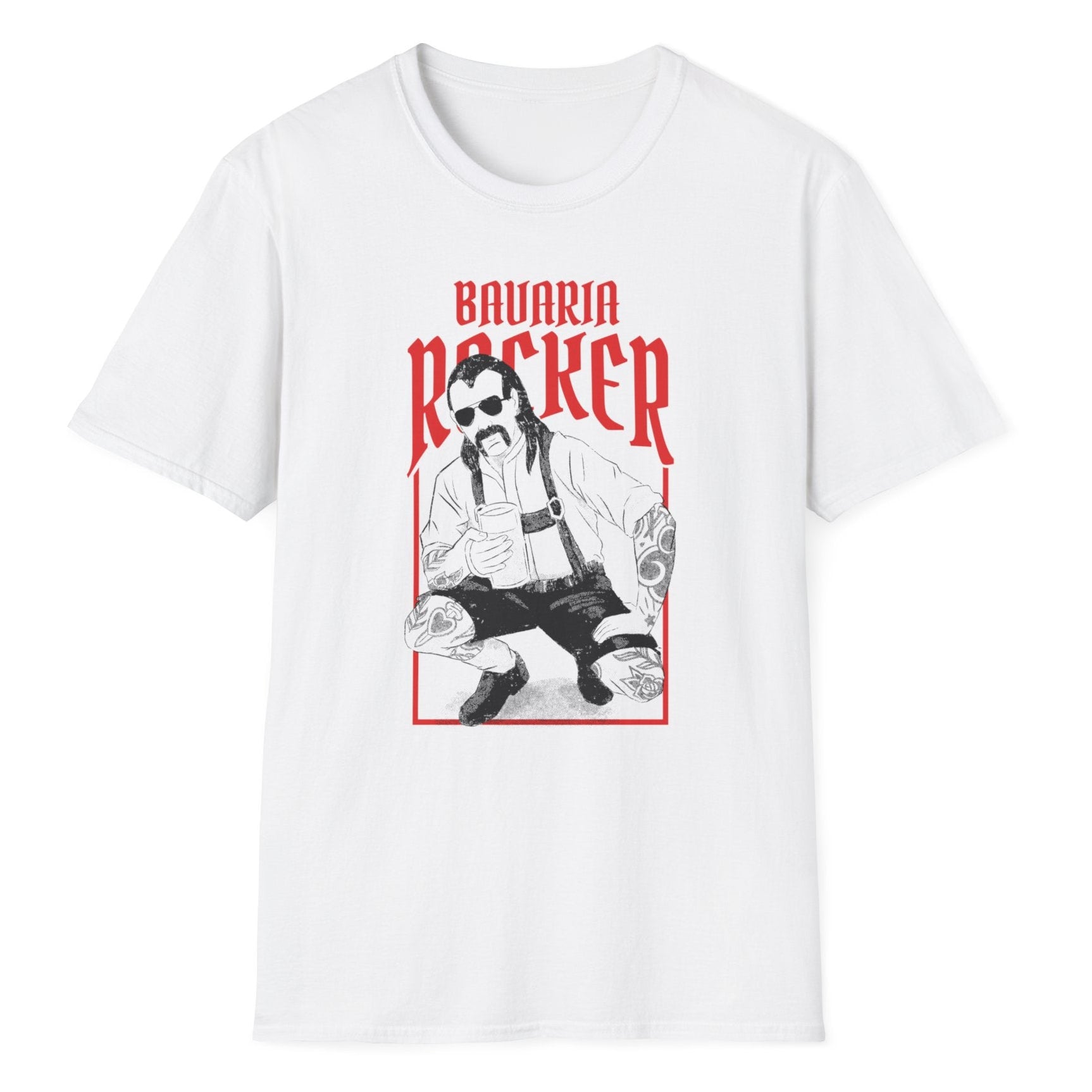 Red Bavaria Rocker text with illustrated character in leather jacket and lederhosen in dynamic pose on white tee