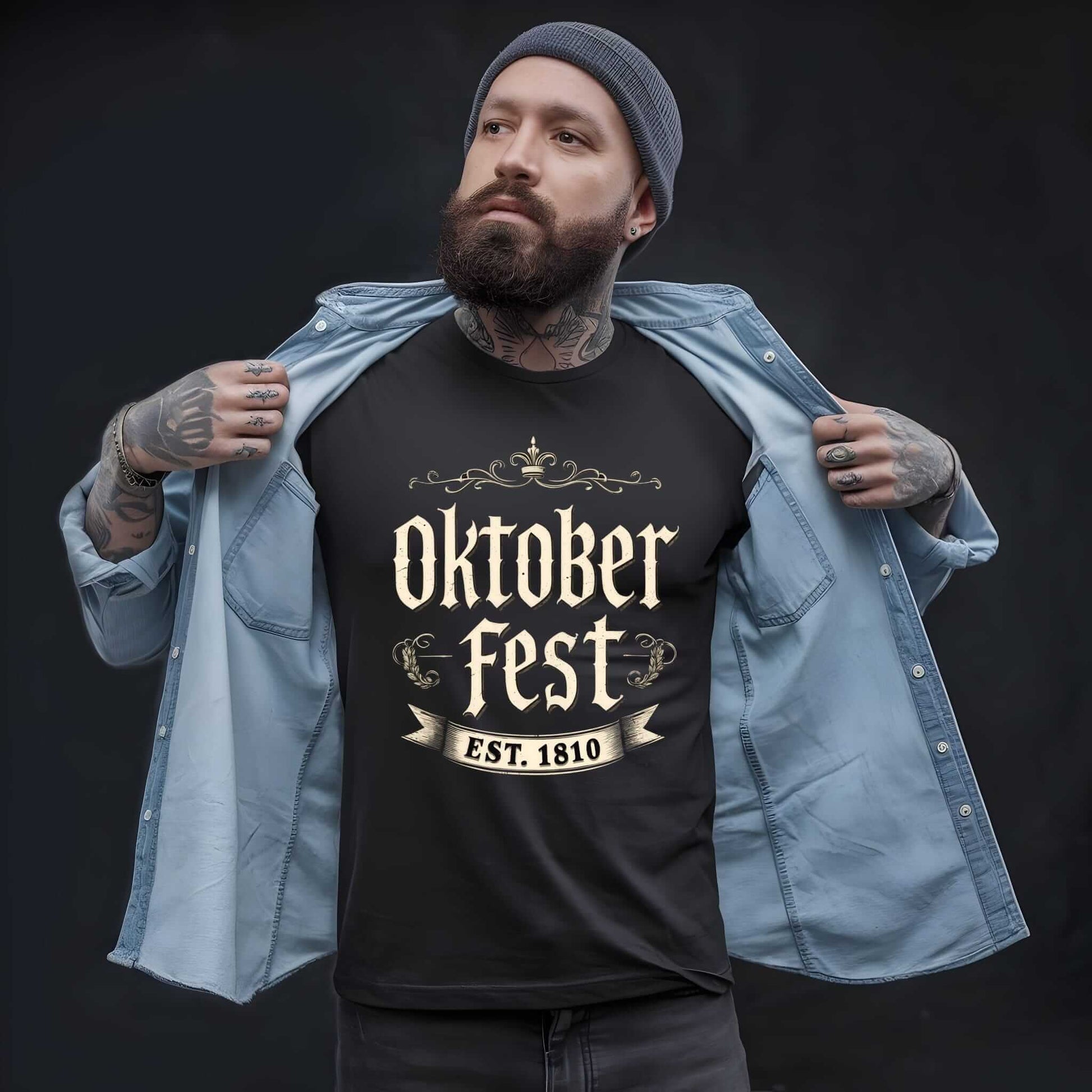 Vintage Oktoberfest design with ornate cream lettering, decorative baroque flourishes, a crown motif, and an EST. 1810 banner