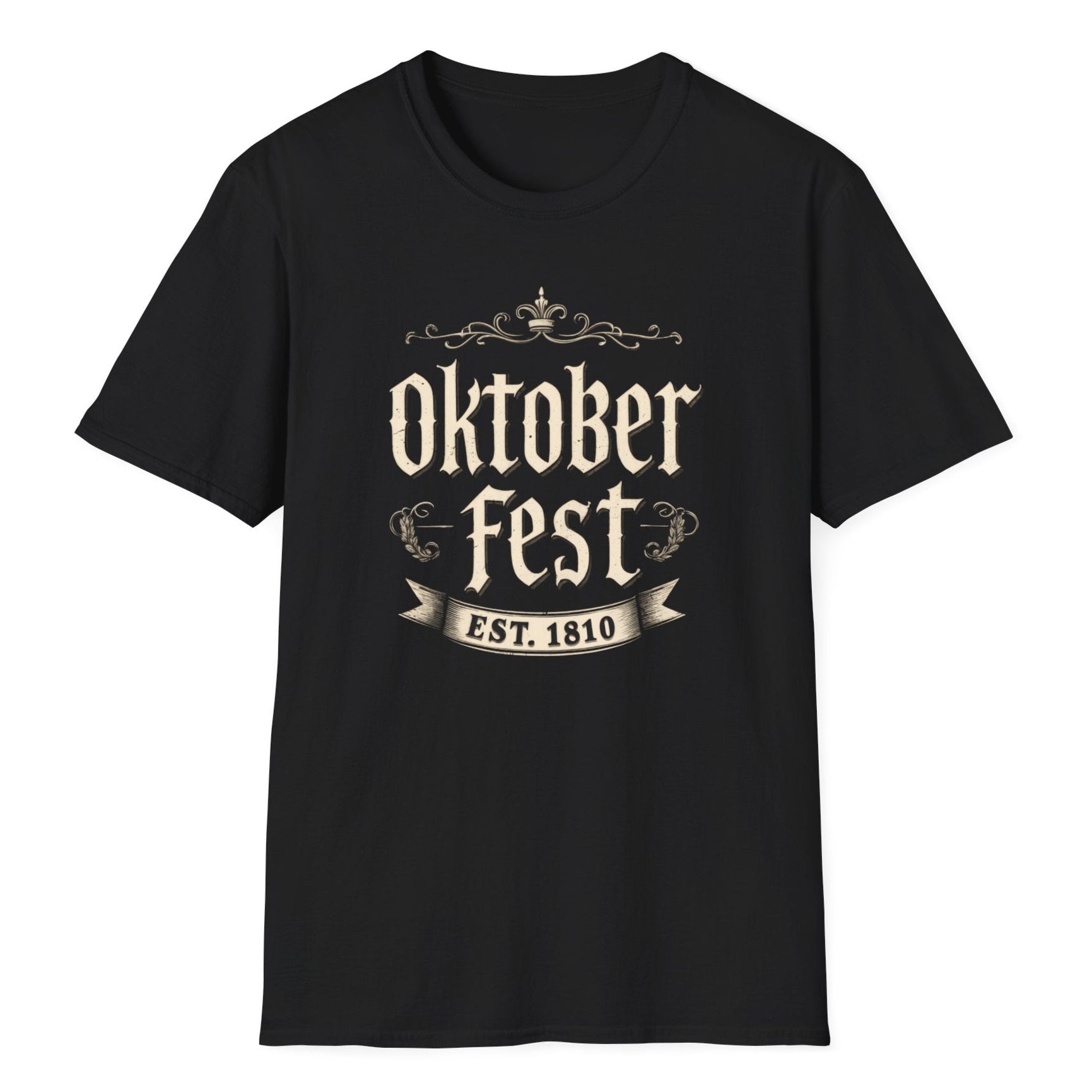 Classic Oktoberfest typography in aged serif font with elegant scrollwork borders and a historical 1810 establishment ribbon.