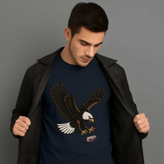 Majestic bald eagle with spread wings and beer can graphic printed on navy blue t-shirt, Vice and Tees design.