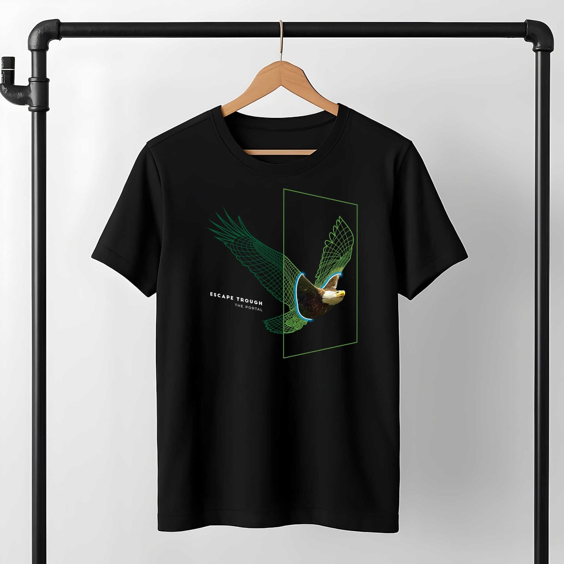 Neon wireframe American eagle with spread wings in geometric frame, "ESCAPE THROUGH THE PORTAL" text, realistic head details.