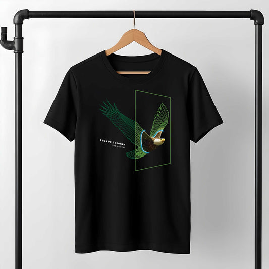 Neon wireframe American eagle with spread wings in geometric frame, "ESCAPE THROUGH THE PORTAL" text, realistic head details.
