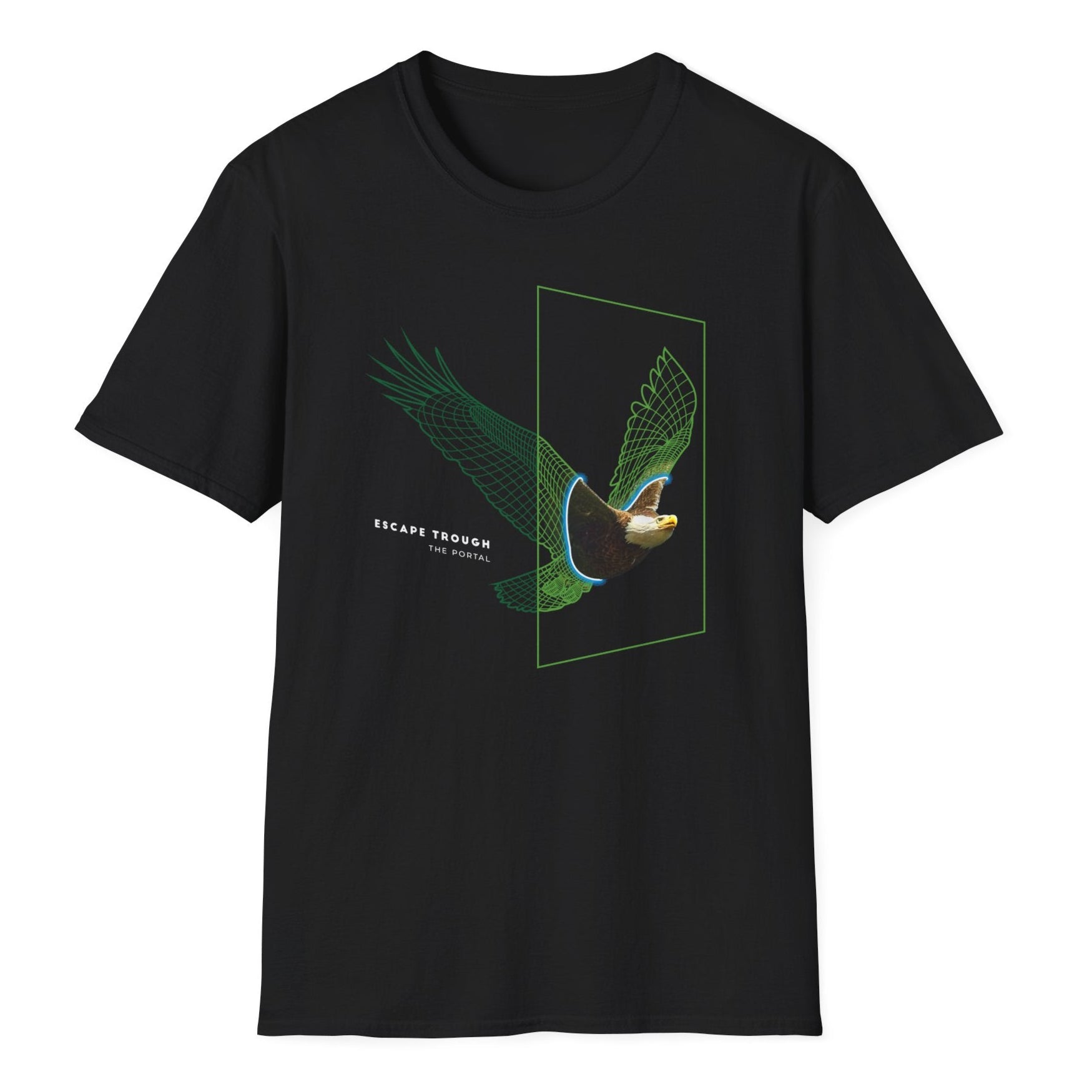 Digital art bald eagle design in bright green-style, soaring pose with detailed feathers, motivational portal text overlay.