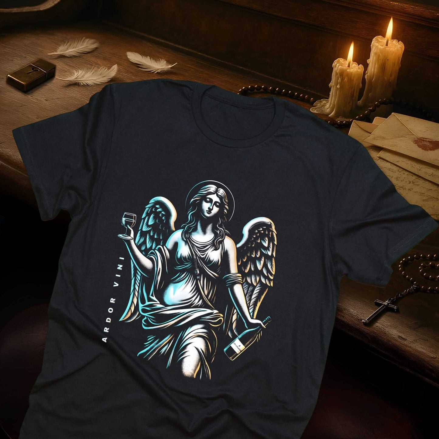 Neon angel with glowing blue wings holding a wine glass and bottle, vintage-style illustration with halo and flowing robes.