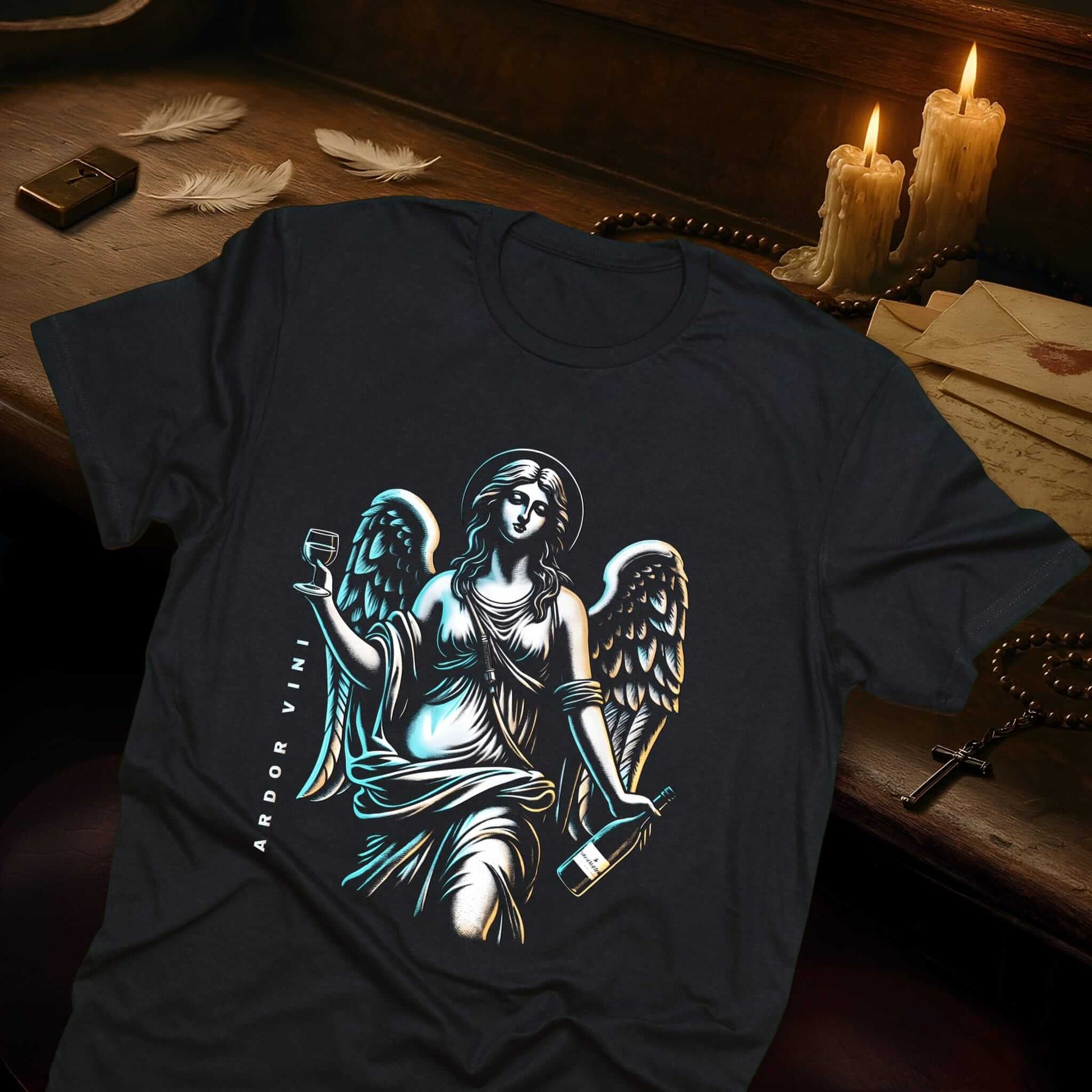 Neon angel with glowing blue wings holding a wine glass and bottle, vintage-style illustration with halo and flowing robes.