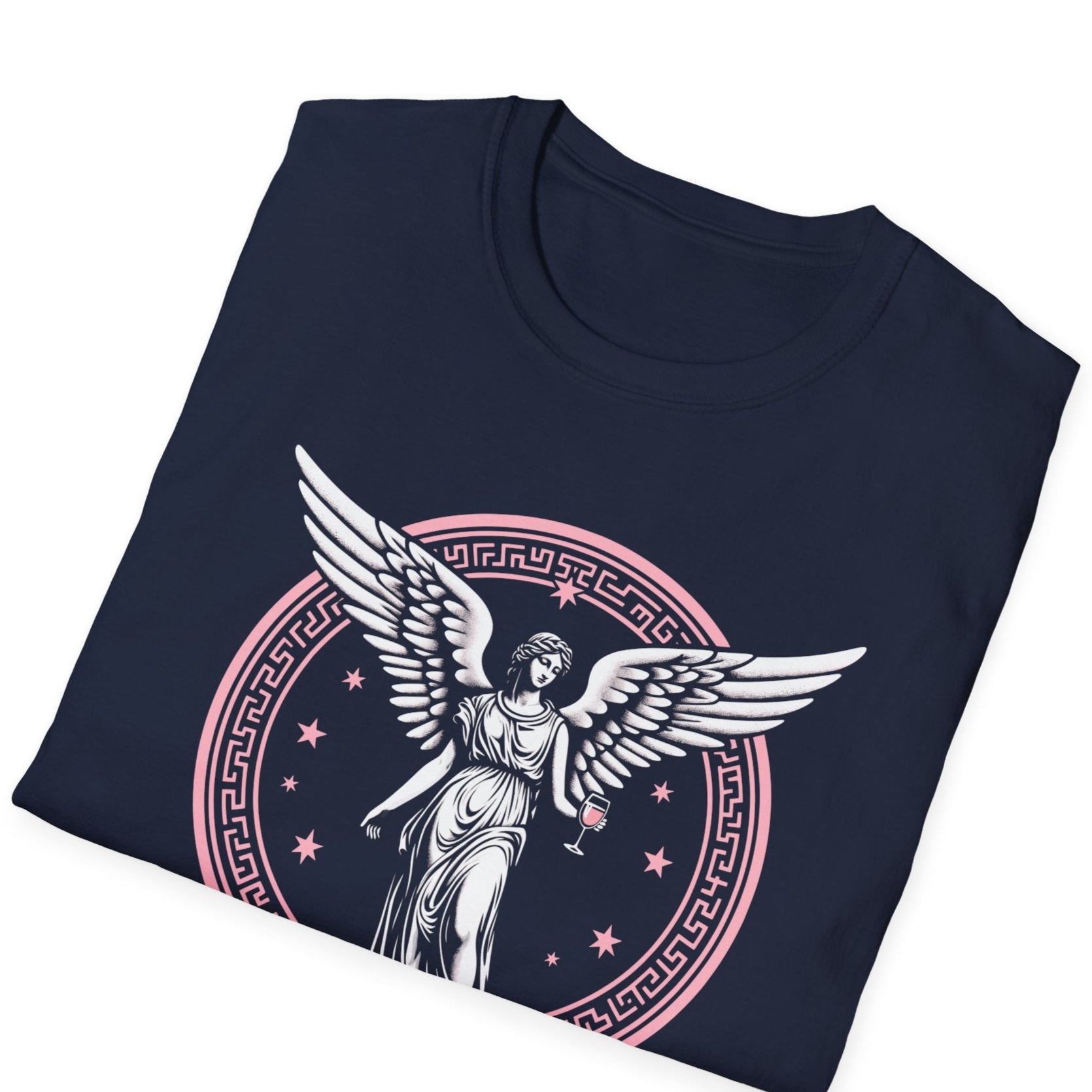 Folded navy Gildan 64000 t-shirt featuring white winged angel figure in pink circular Greek key border with decorative stars