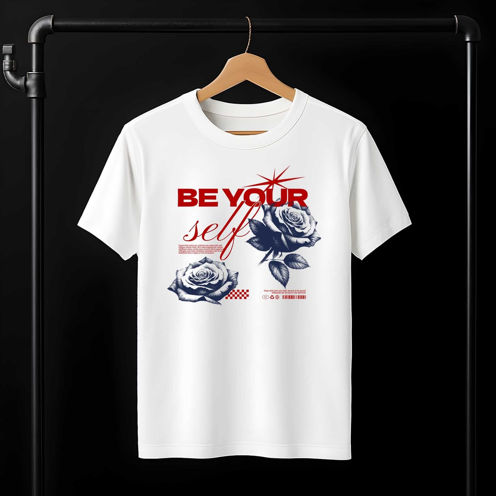 "Be Yourself" motivational text in red with elegant blue-scale roses and decorative accents on the white t-shirt.