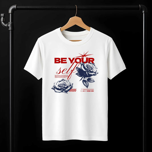"Be Yourself" motivational text in red with elegant blue-scale roses and decorative accents on the white t-shirt.