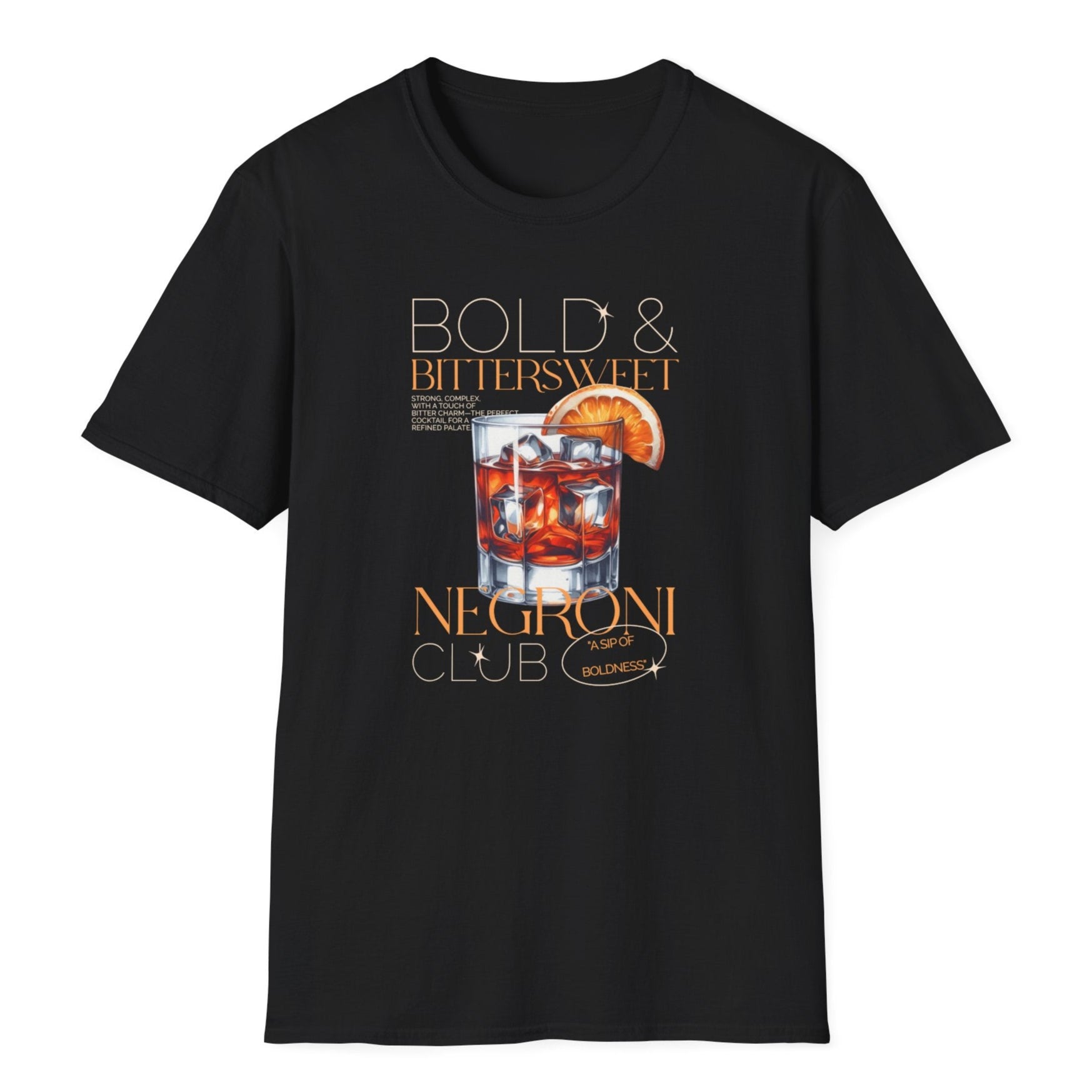 Black t-shirt with elegant Negroni cocktail design, gold typography, amber drink with ice, orange garnish, club branding art.