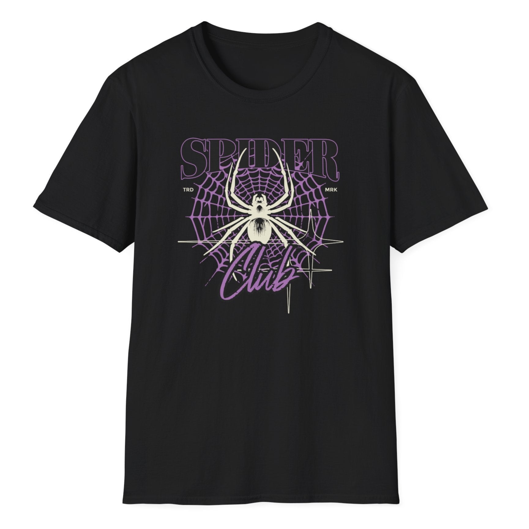 Detailed spider graphic surrounded by radiating purple web lines with vintage-style SPIDER CLUB lettering and grunge effect.