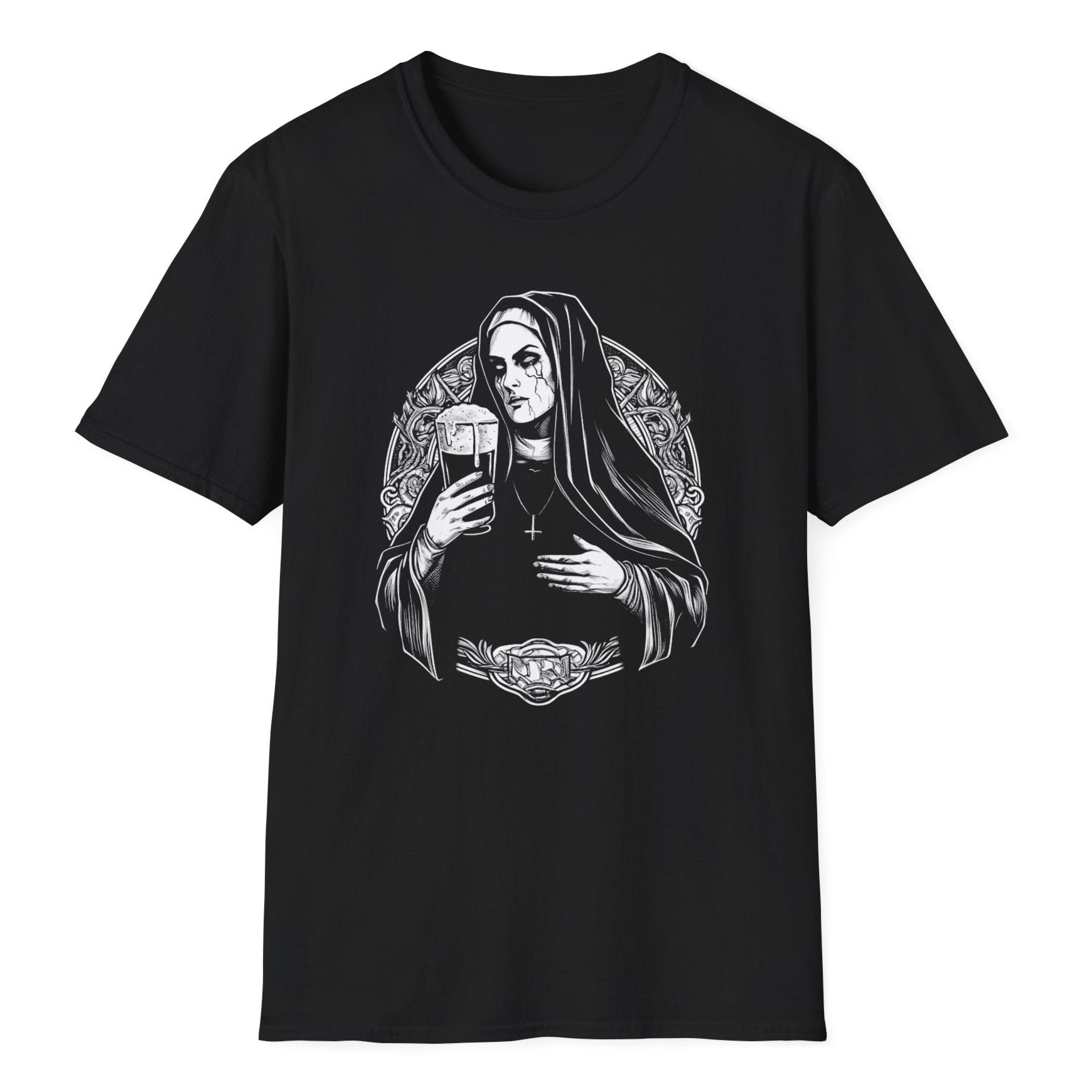 Gothic nun illustration in white ink featuring religious figure with hood, beer mug, and an intricate ornamental frame design