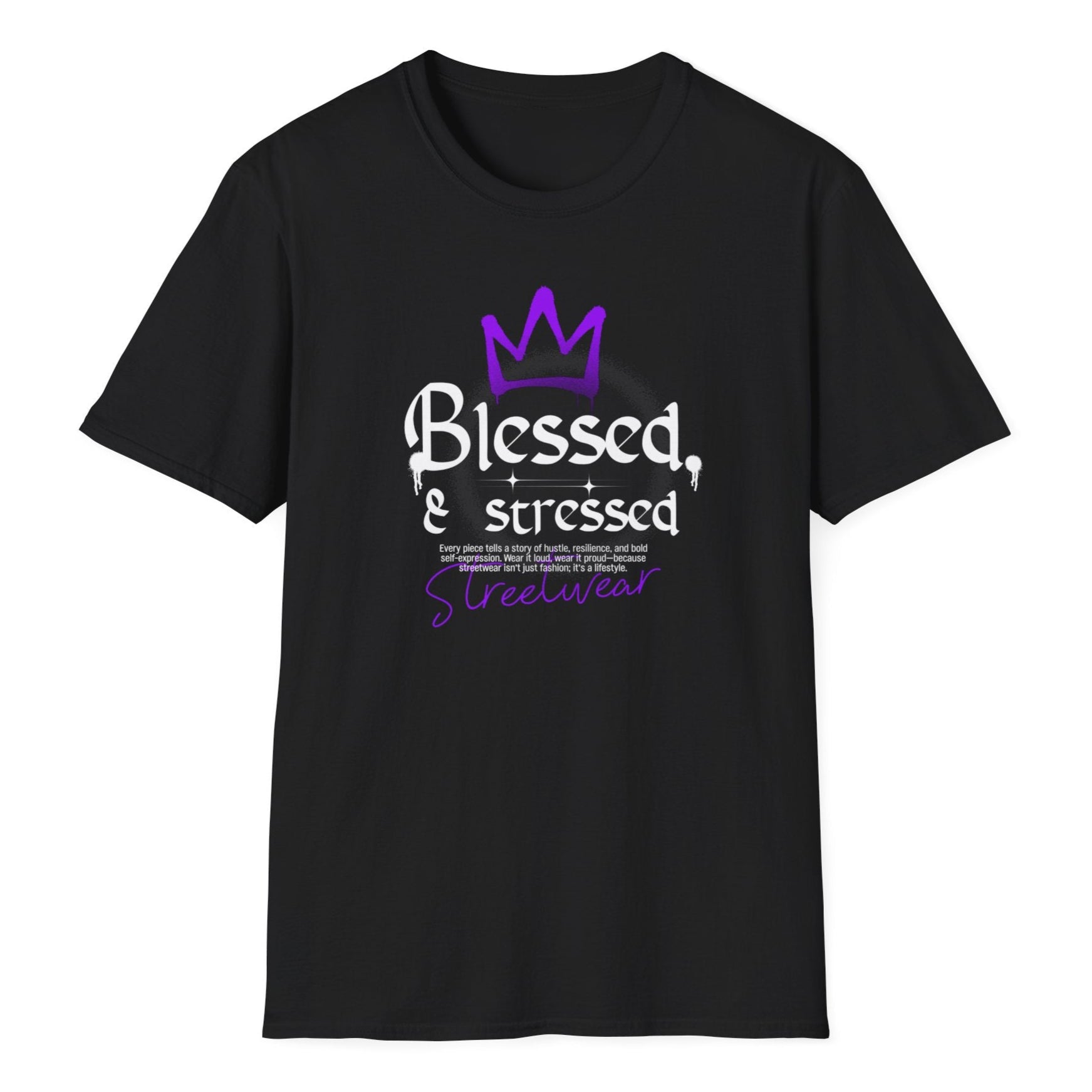 Blessed & stressed text with purple crown symbol and small descriptive text, purple Streetwear branding below on a black tee.