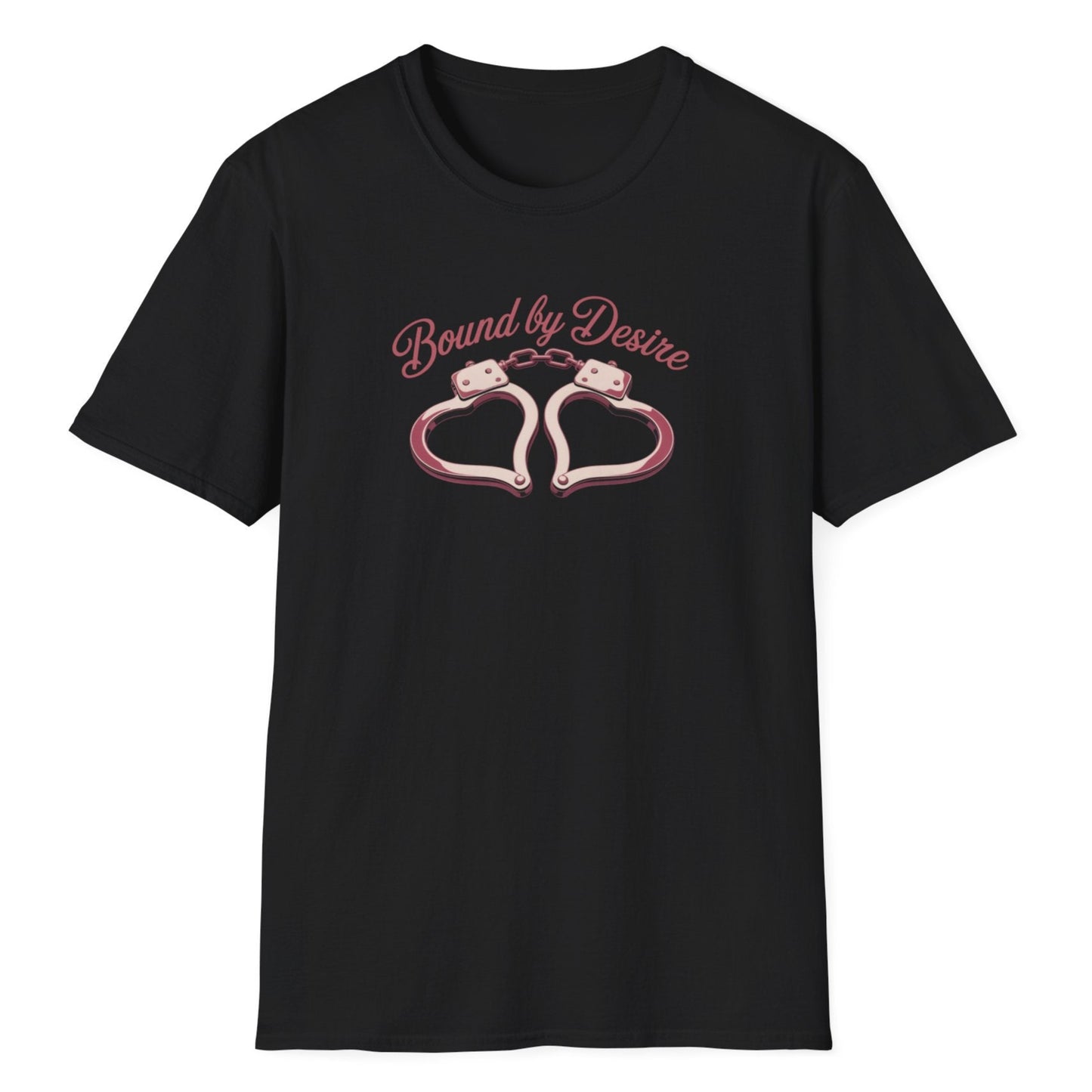 Bound by Desire rose gold script text above pink heart-shaped handcuffs graphic on the black women's tee shirt