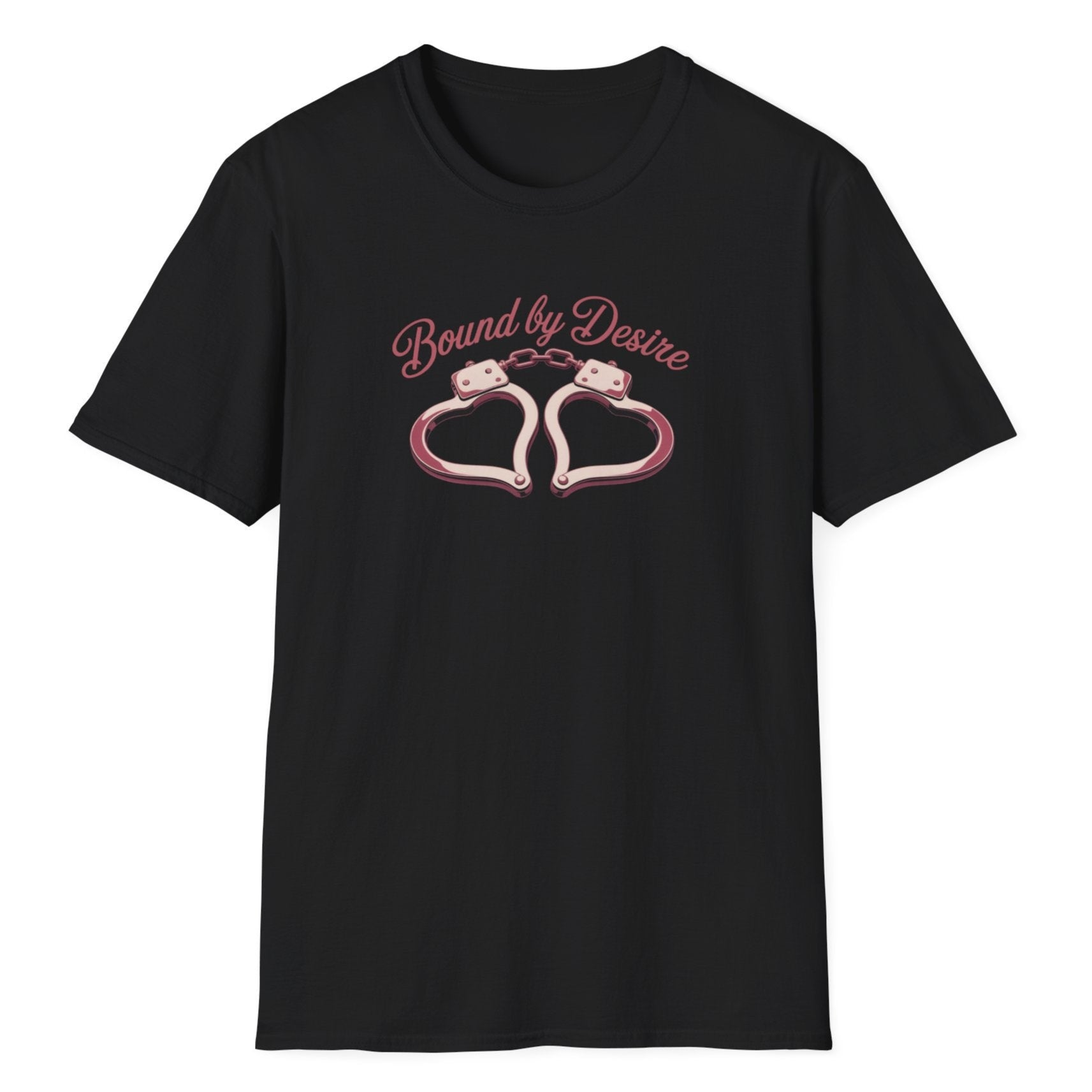 Bound by Desire rose gold script text above pink heart-shaped handcuffs graphic on the black women's tee shirt