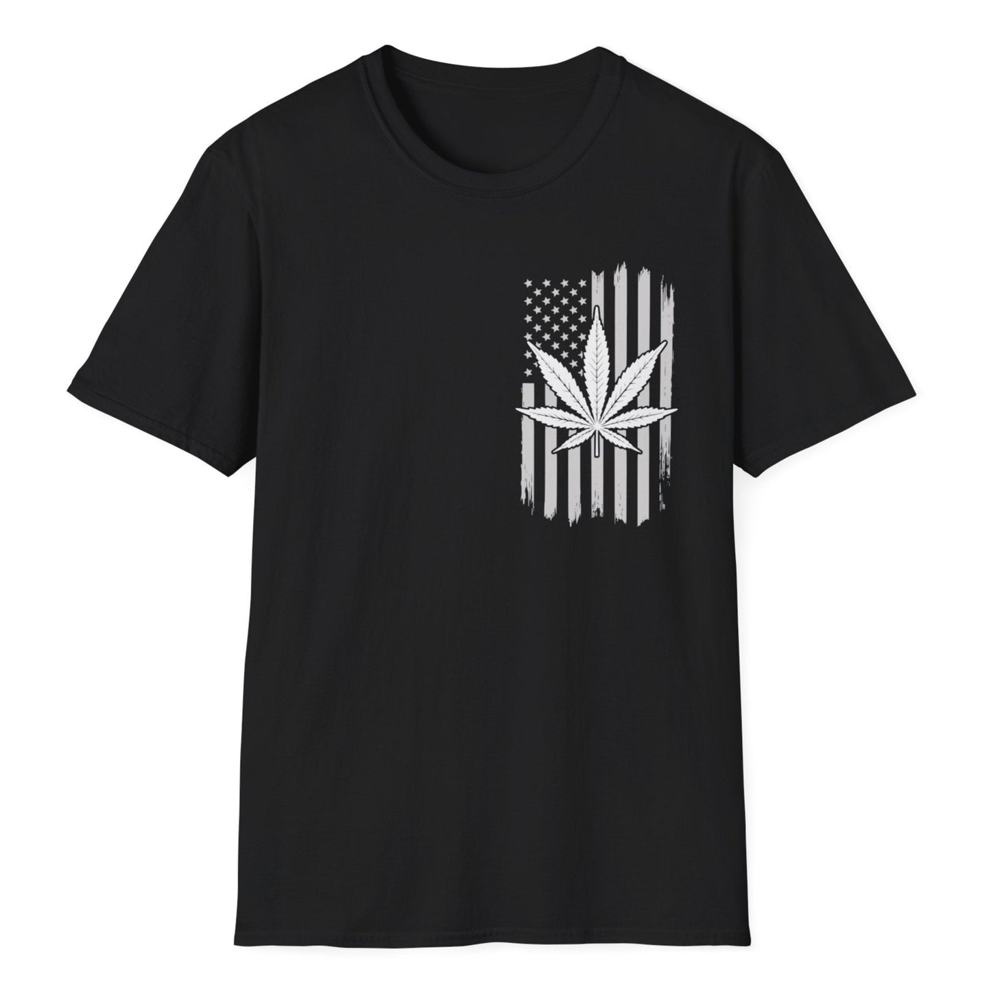 Vertical weed American flag design featuring white cannabis leaf, weathered stars and stripes with grunge texture