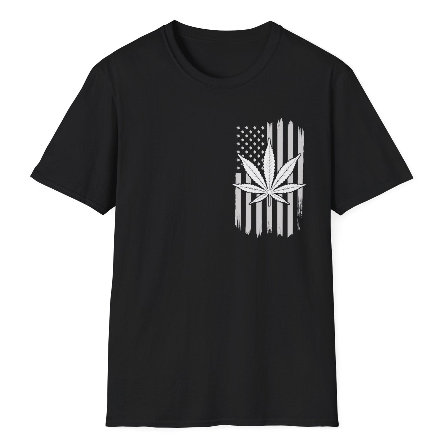 Vertical weed American flag design featuring white cannabis leaf, weathered stars and stripes with grunge texture