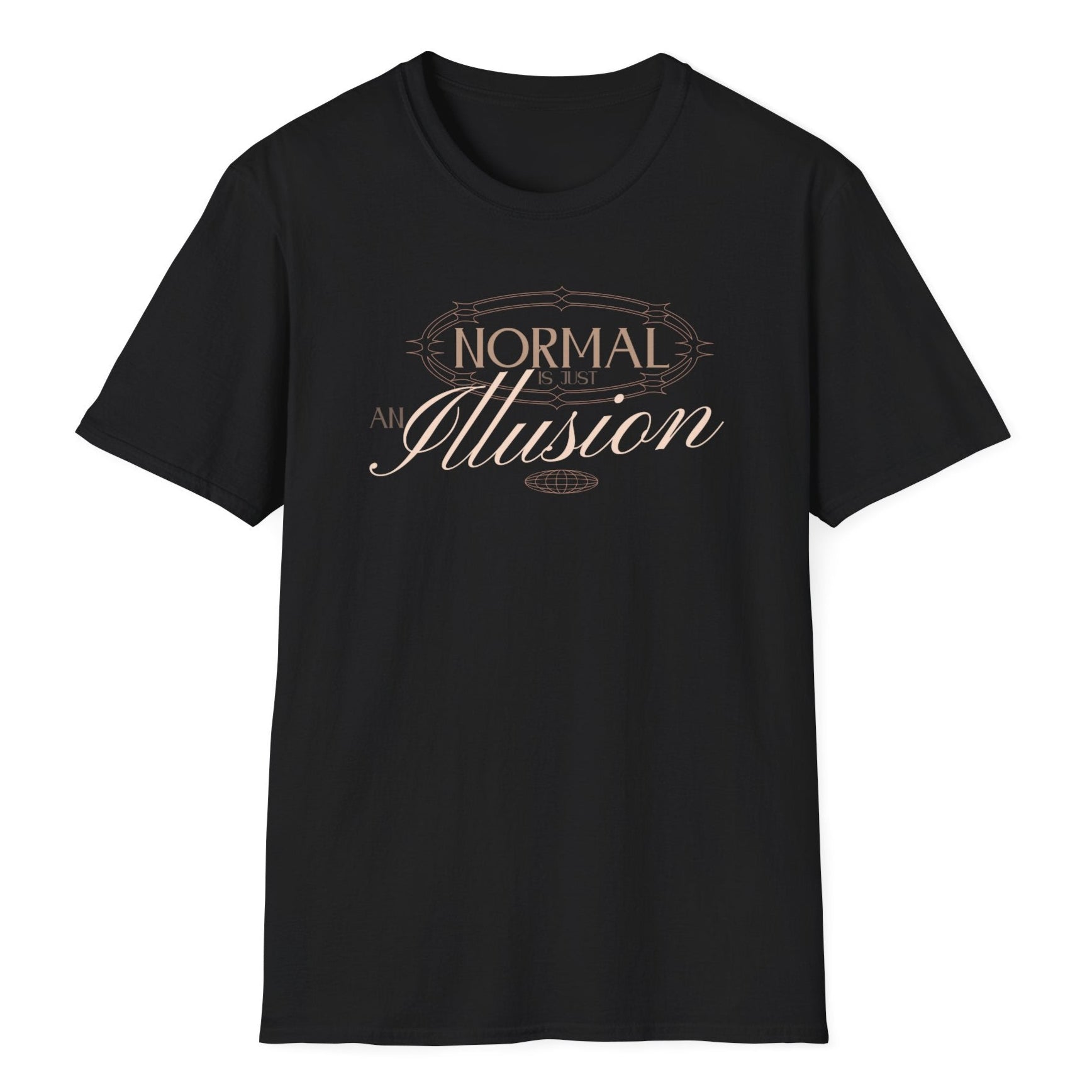 Vintage typography featuring 'NORMAL Is an Illusion' in golden-brown color with artistic flourishes and decorative borders