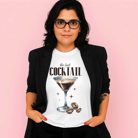 White women's t-shirt featuring 'the best COCKTAIL' text with martini glass illustration and coffee beans design