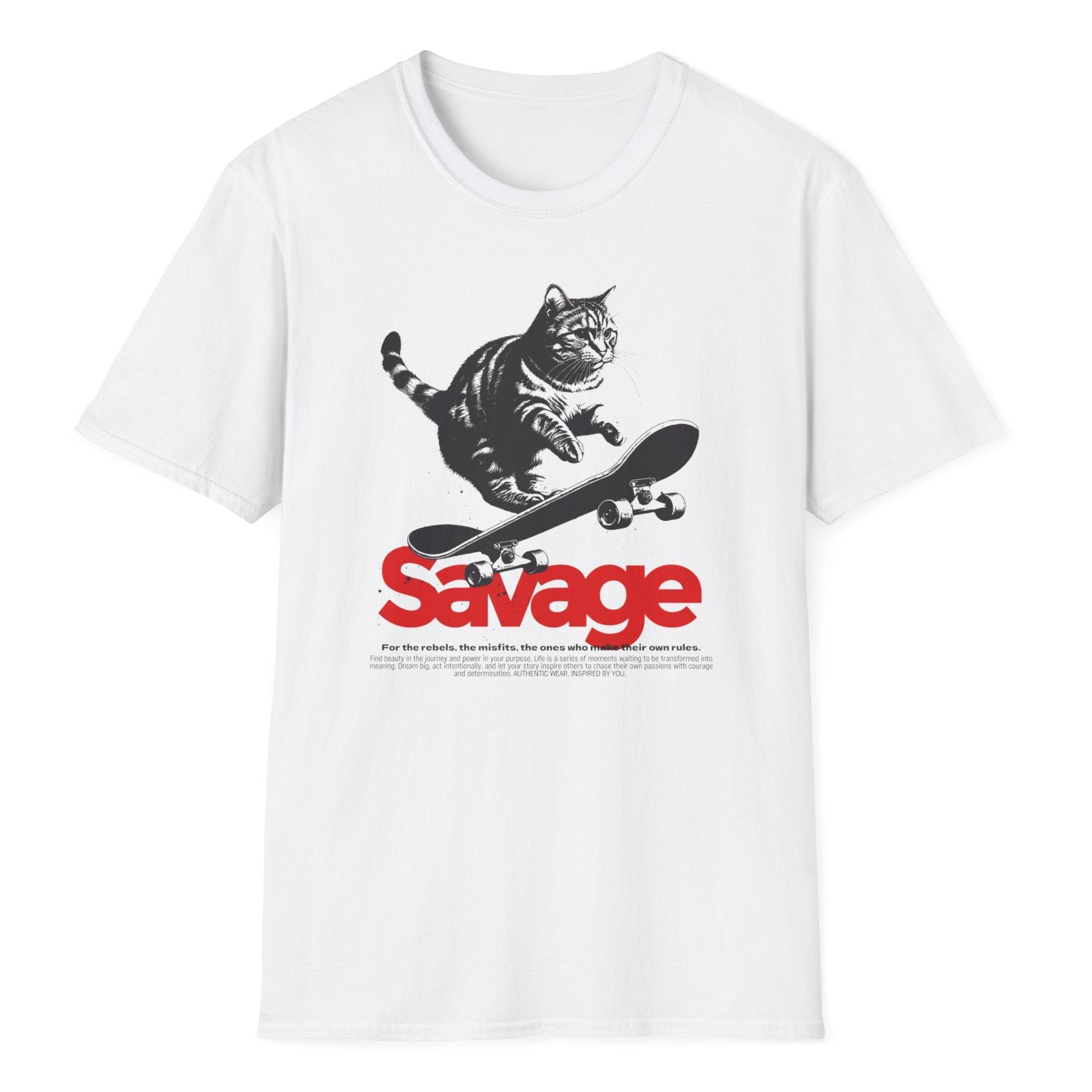 Cool feline skateboarder graphic featuring a detailed cat illustration in a bold monochrome design, on white color tee shirt.