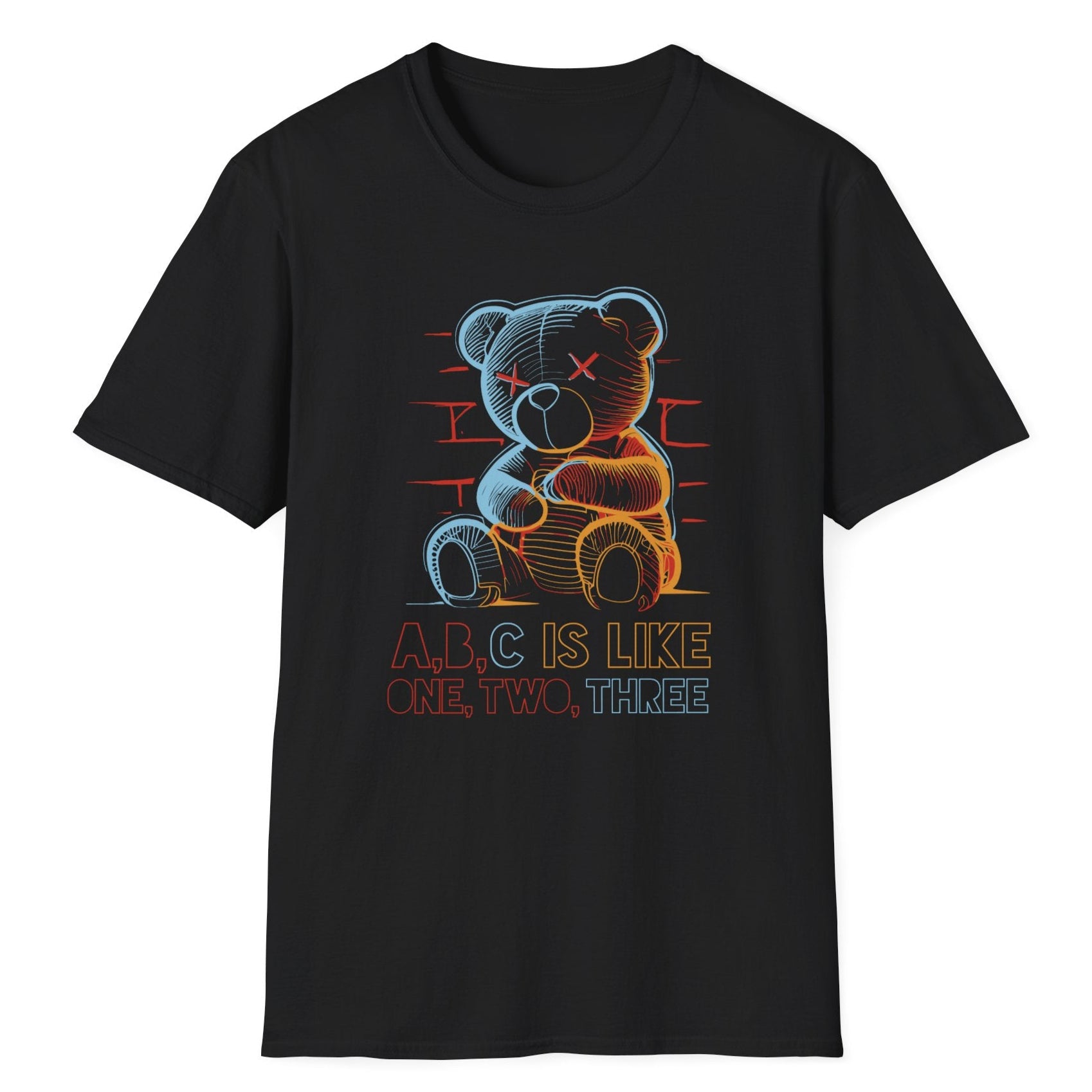 Black t-shirt featuring neon wireframe teddy bear in neon blue and orange with "A,B,C IS LIKE ONE, TWO, THREE" text below