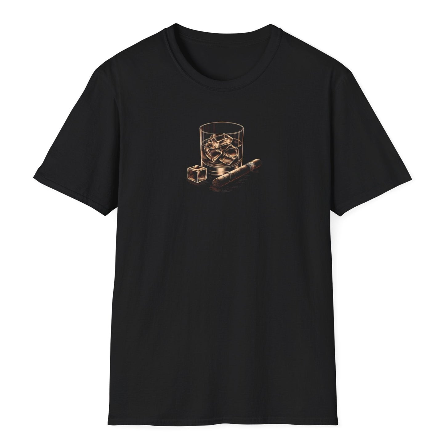 Black t-shirt Dad Birthday present showcasing stylish whiskey glass with ice and cigar illustration for Dad Day