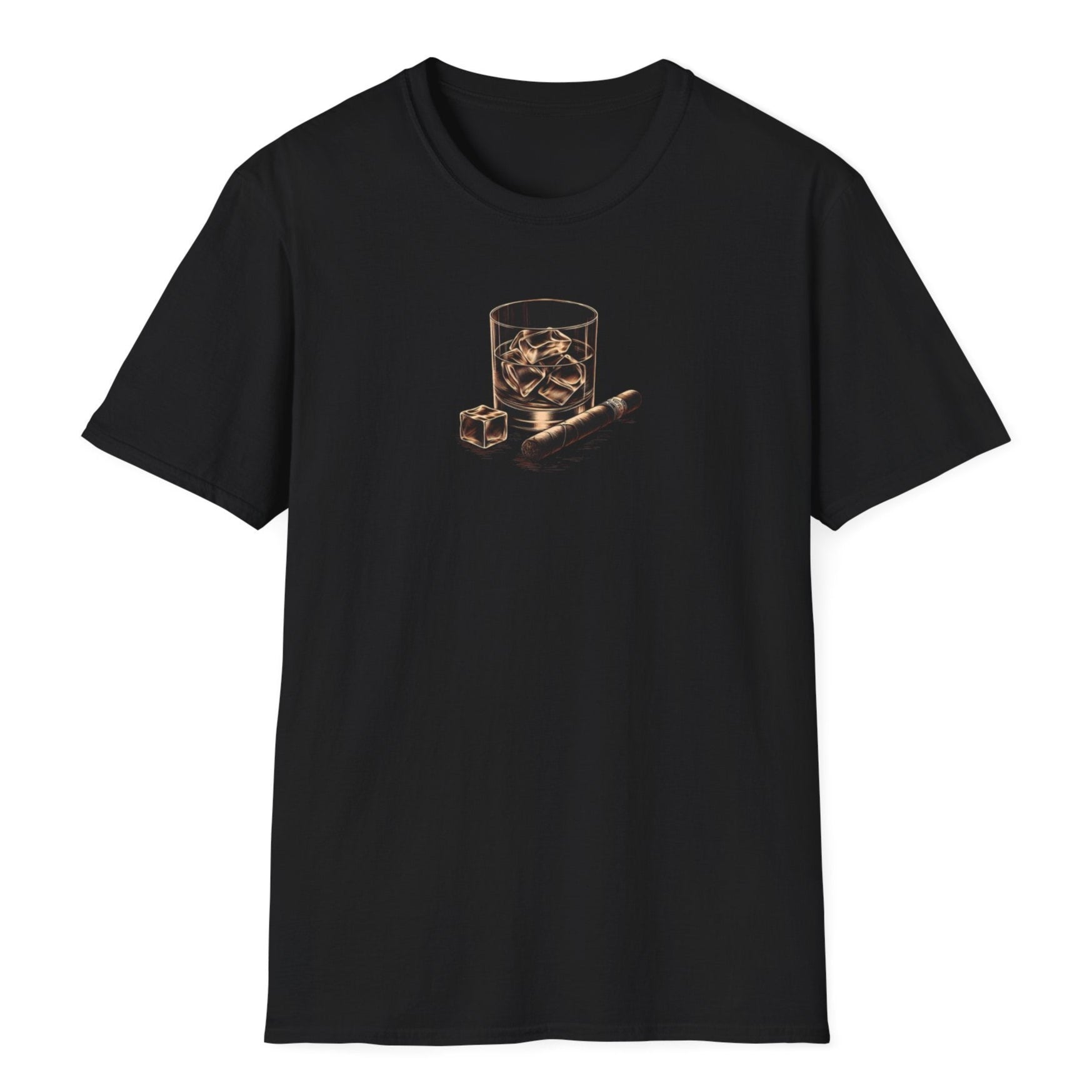 Black t-shirt Dad Birthday present showcasing stylish whiskey glass with ice and cigar illustration for Dad Day