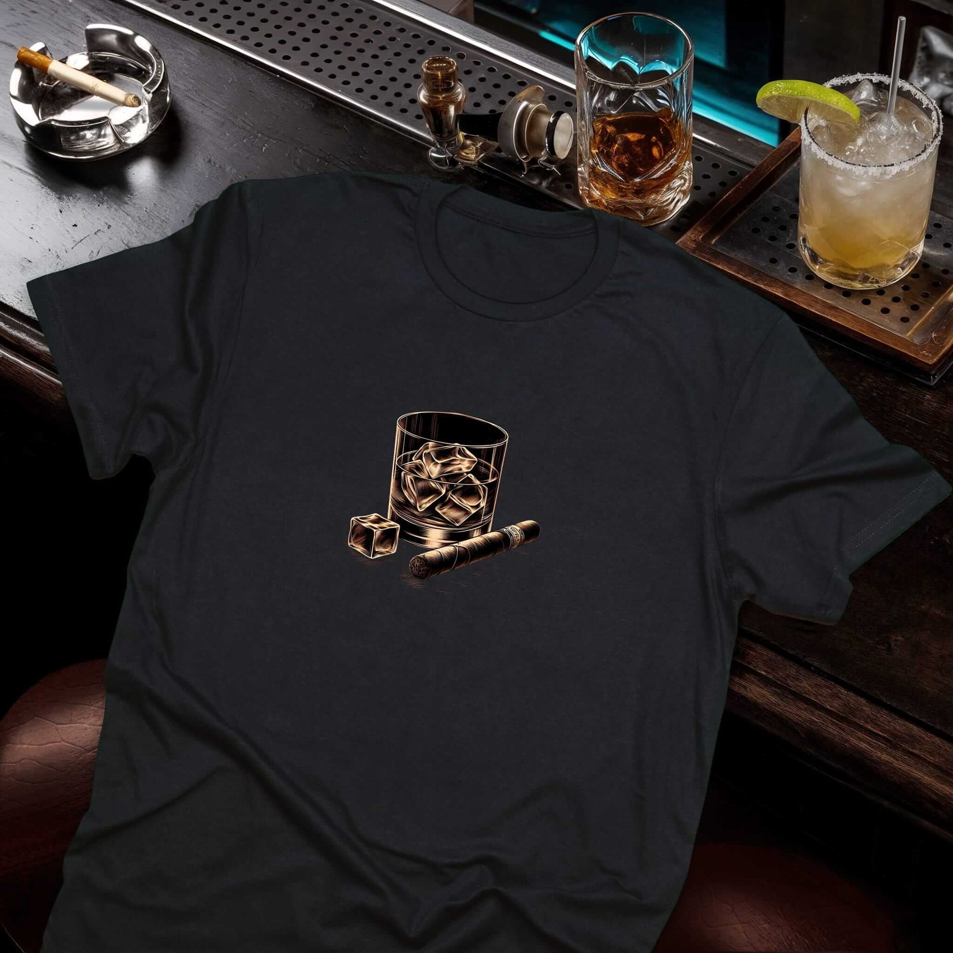 Dad Day present: black t-shirt featuring elegant whiskey tumbler with ice cubes and premium cigar graphic