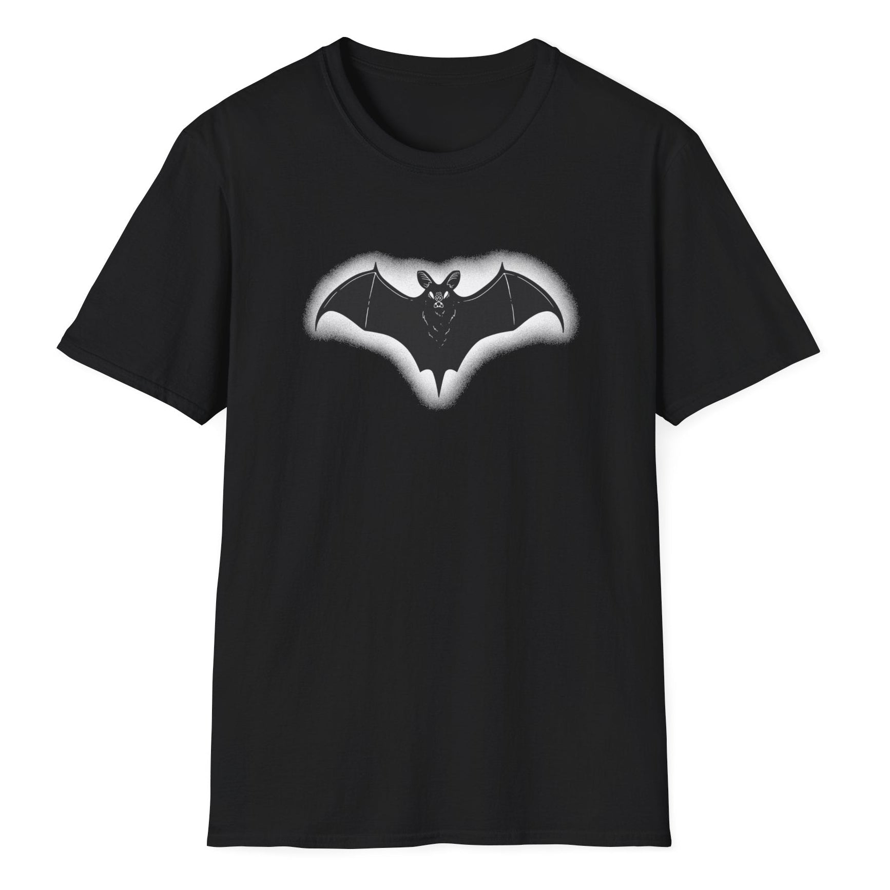 Stylized bat graphic with outstretched wings in gray shading, displaying a gothic creature with detailed wing structure