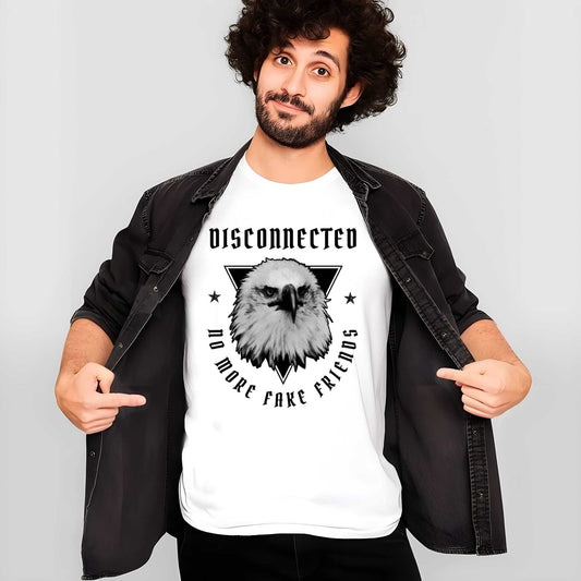 White t-shirt with DISCONNECTED text above detailed eagle head illustration flanked by stars in black triangular frame design