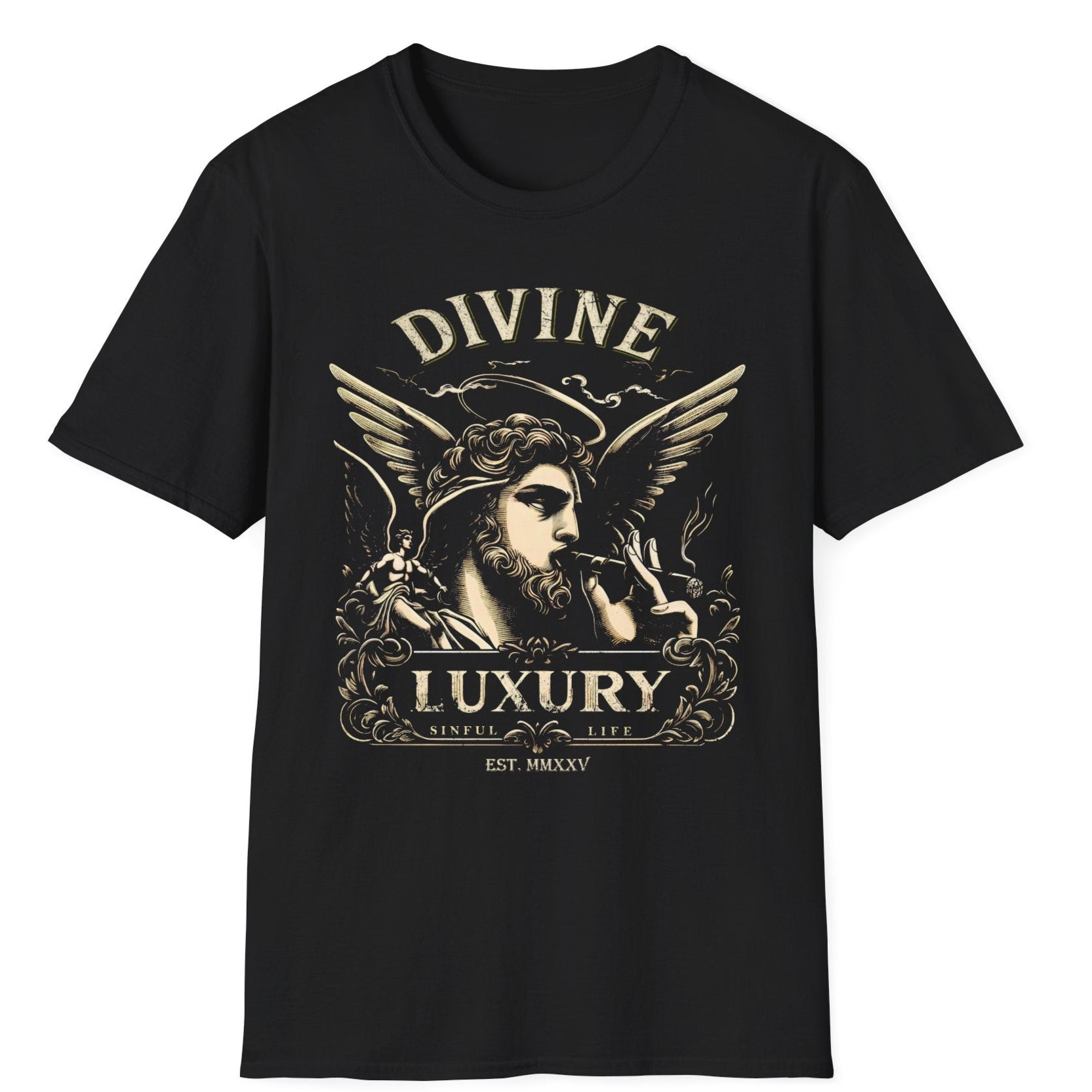 Black t-shirt with vintage gold print of winged angel smoking cigar, "DIVINE LUXURY. MMXXV" text, Heaven Can Wait collection